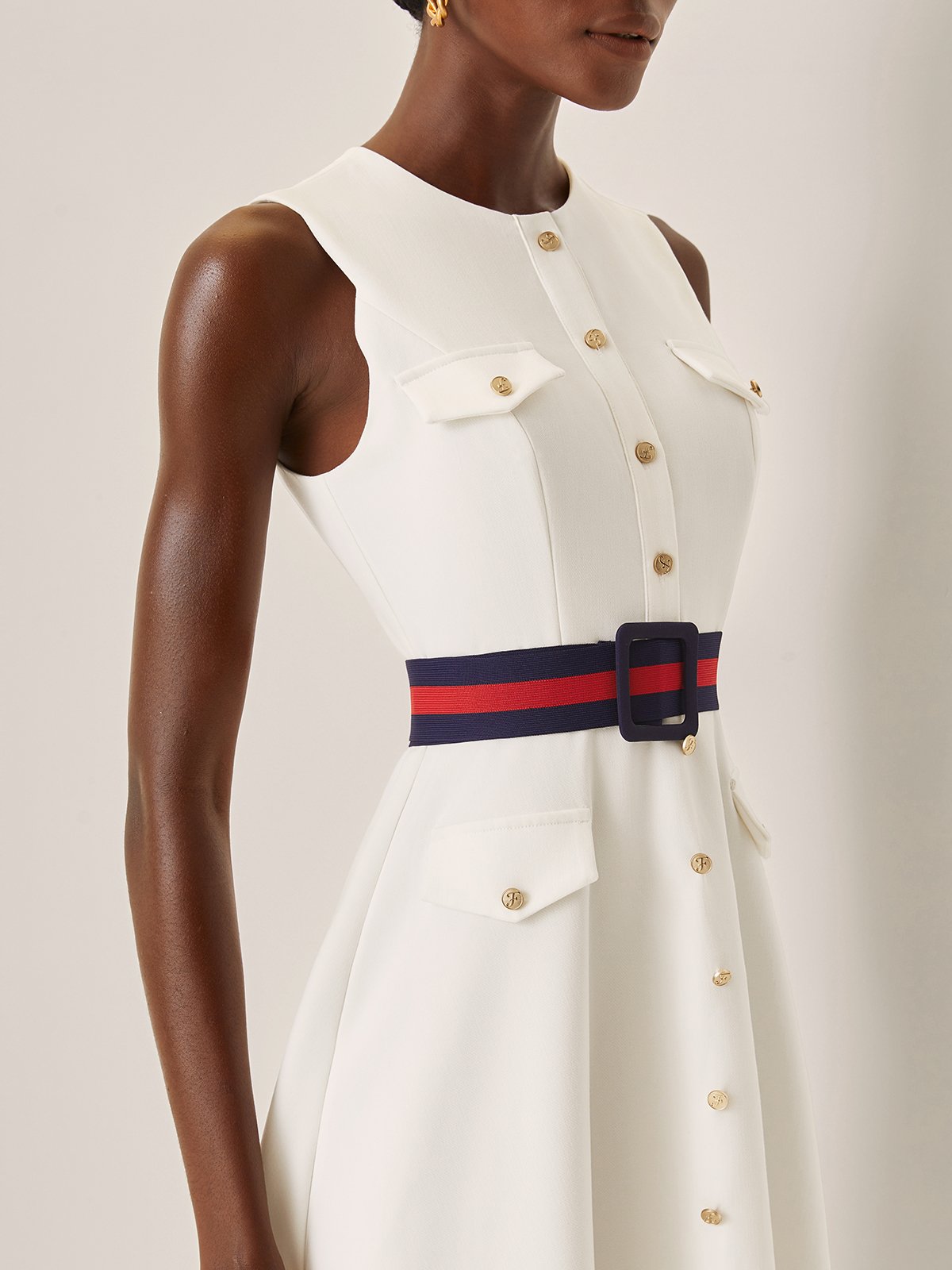 White Buckle Classic Crew Neck Sleeveless A-Line Midi Dress