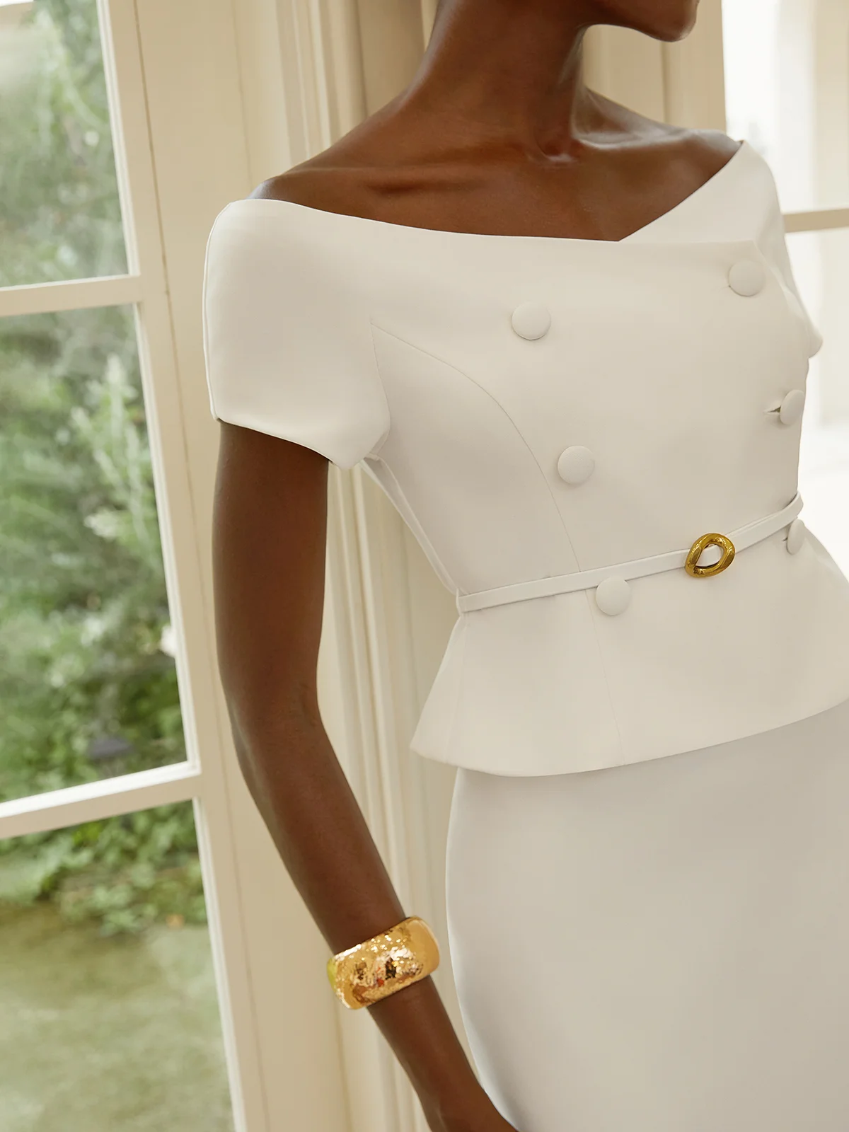Women White Sash Off The Shoulder Short Sleeve Two-Piece Set