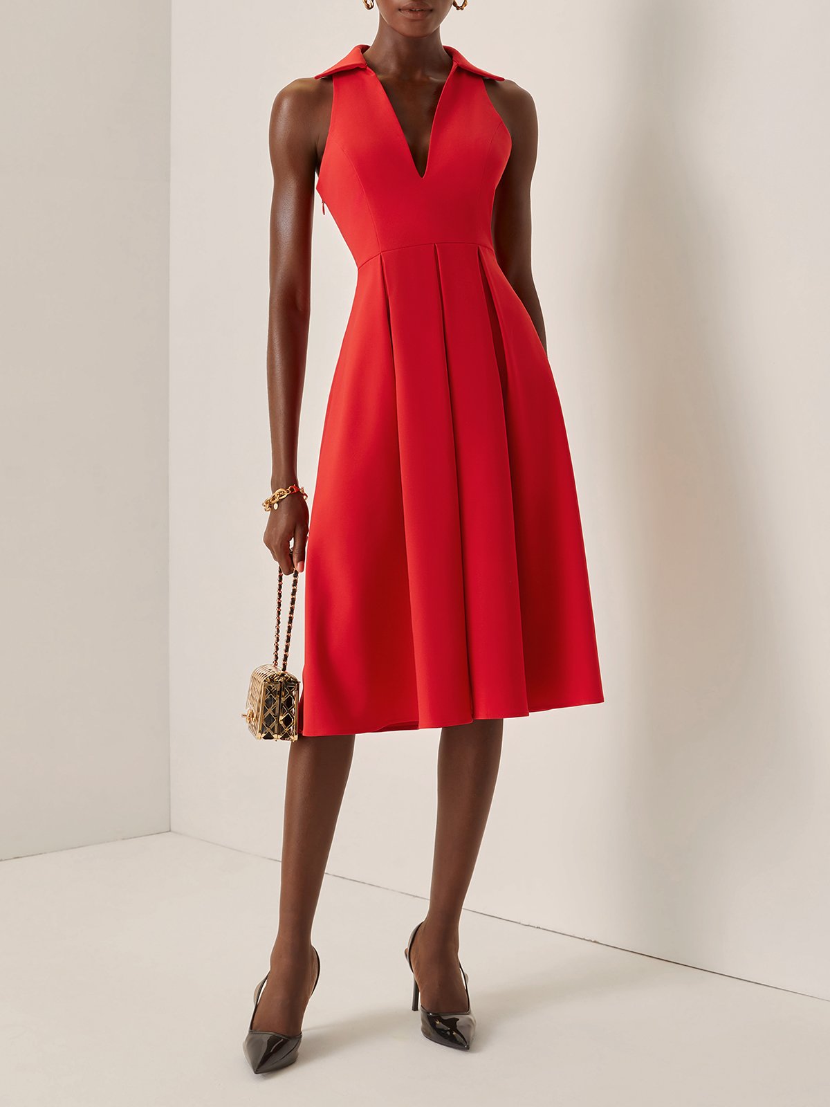 Red Classic Shirt Collar Sleeveless A-Line Midi Dress