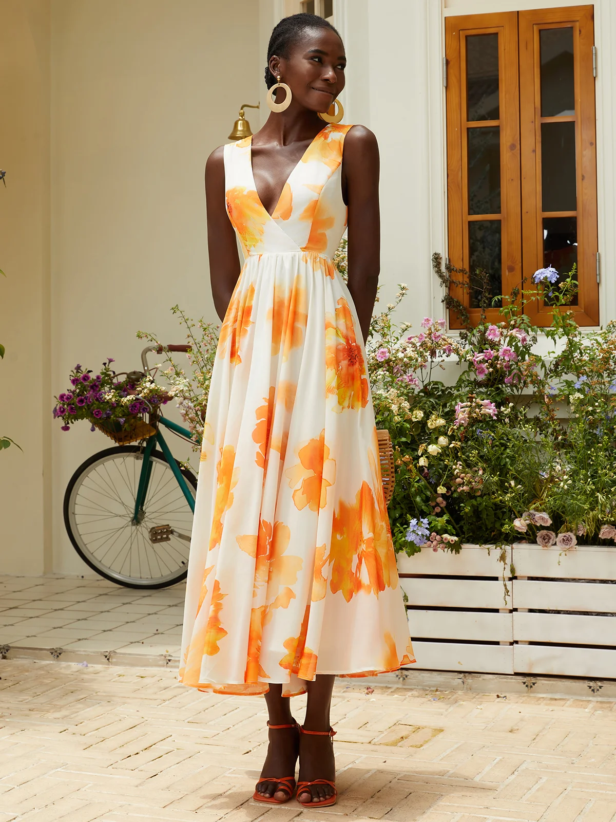 Yellow Floral Chiffon V Neck Sleeveless A-Line Maxi Dress