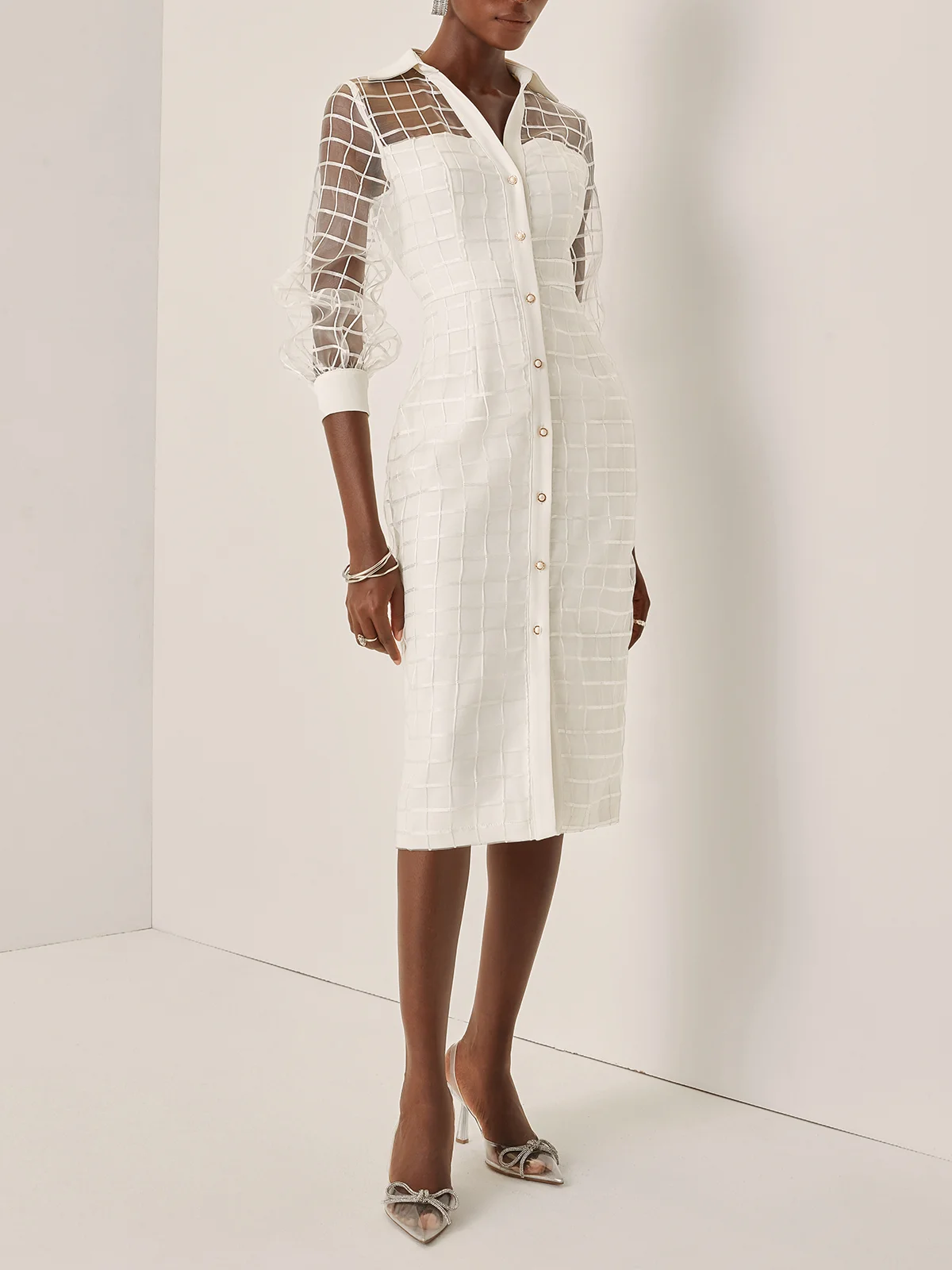 White Mesh Shirt Dress Shirt Collar Long Sleeve Balloon Sleeve Sheath Midi Dress