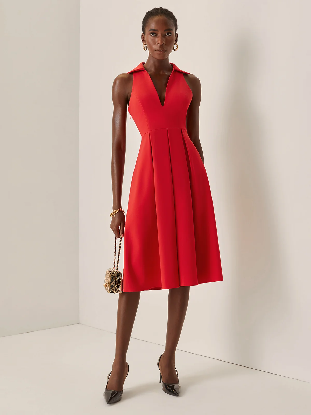 Red Classic Shirt Collar Sleeveless A-Line Midi Dress