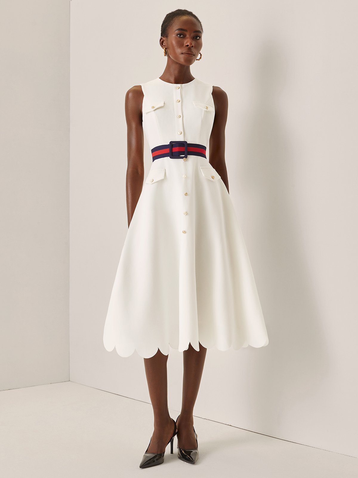 White Buckle Classic Crew Neck Sleeveless A-Line Midi Dress