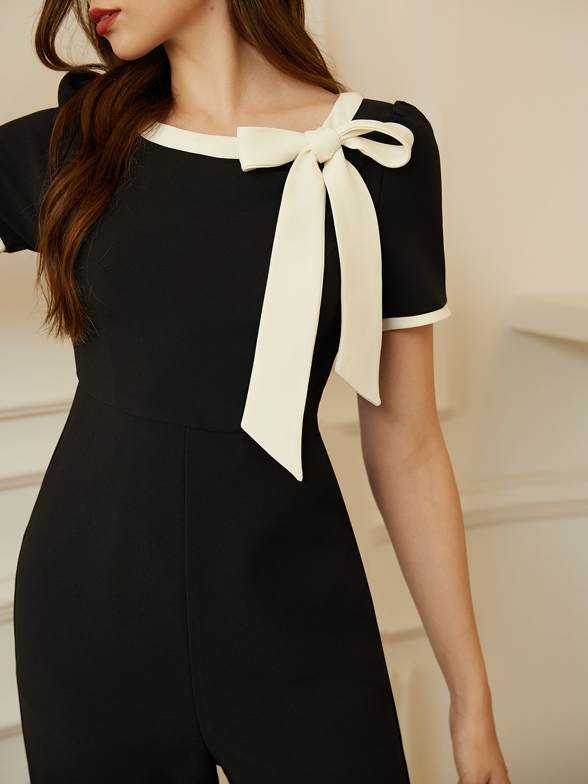 Black Boat Neck Bow Regular Fit Urban Jumpsuit