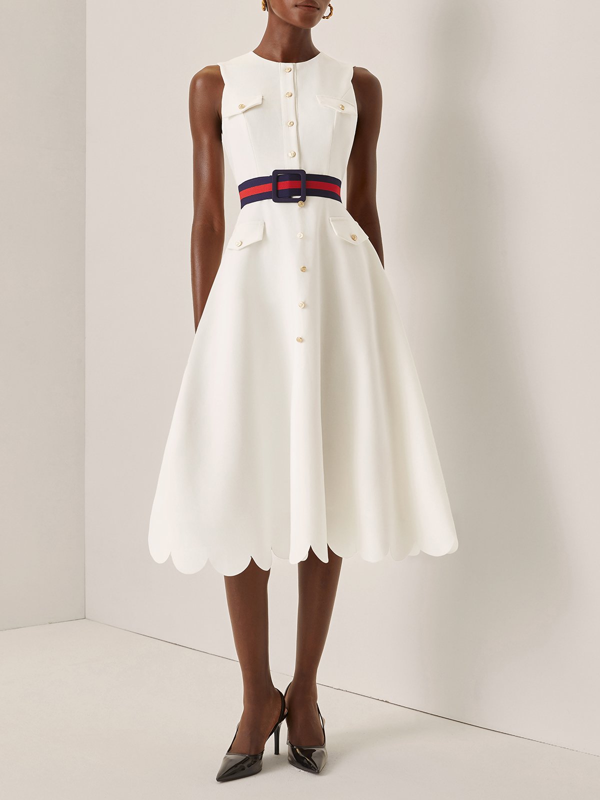 White Buckle Classic Crew Neck Sleeveless A-Line Midi Dress
