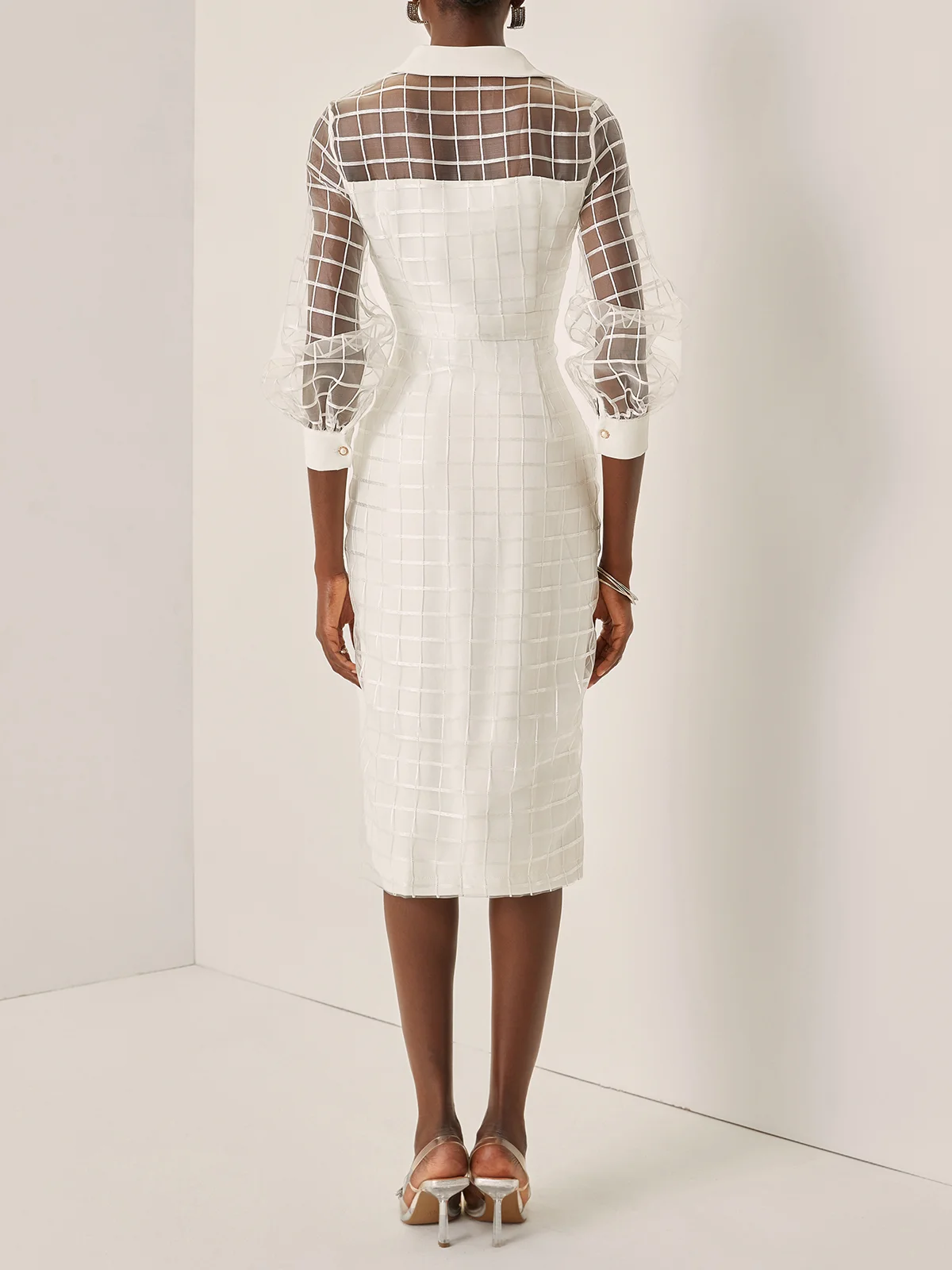 White Mesh Shirt Dress Shirt Collar Long Sleeve Balloon Sleeve Sheath Midi Dress