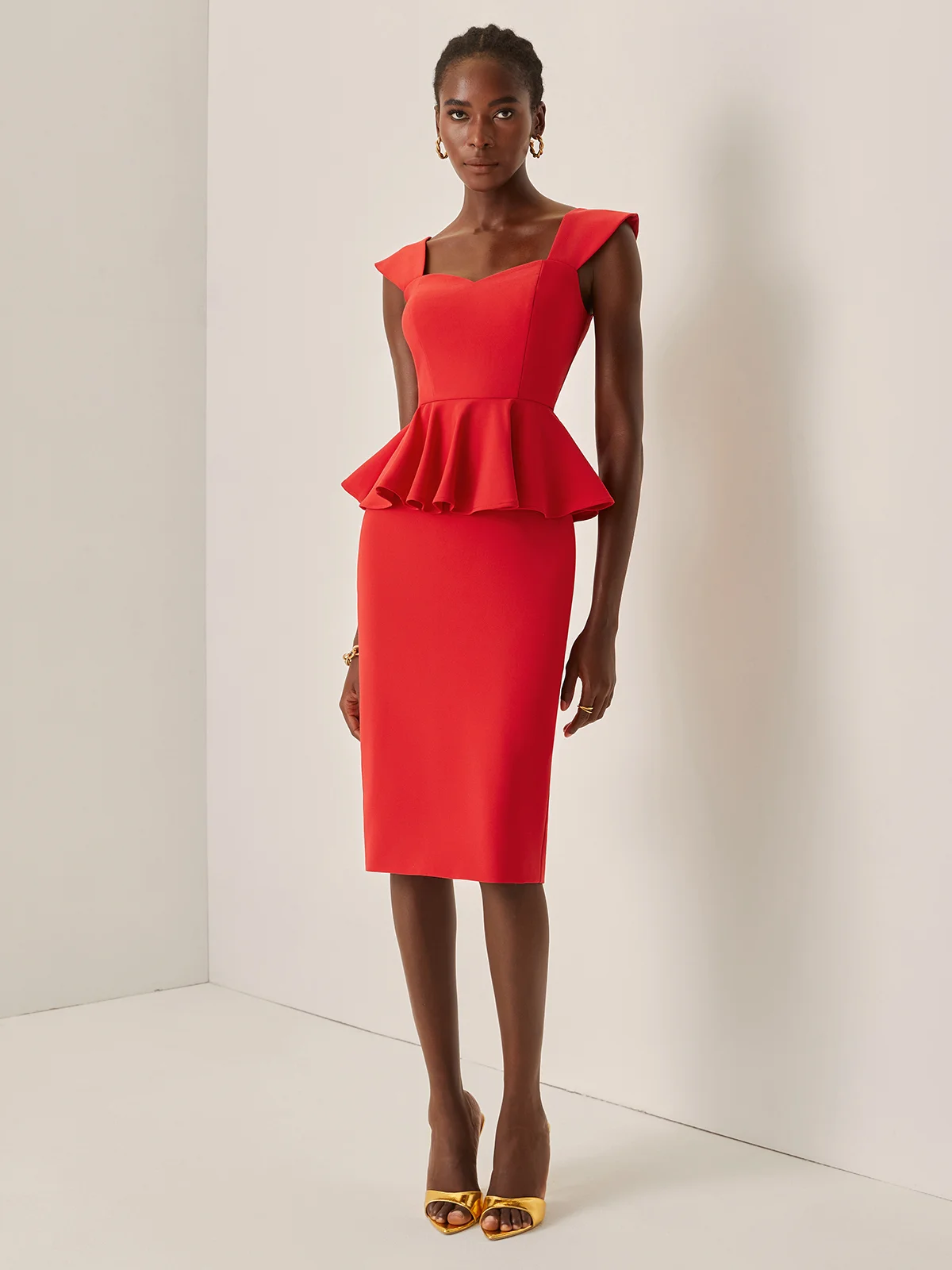 Red Peplum Sweetheart Neckline Sleeveless Sheath Midi Dress