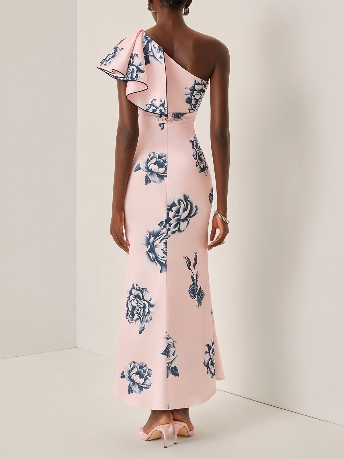 Pink Printing Peplum Satin One Shoulder Sleeveless Sheath Maxi Dress