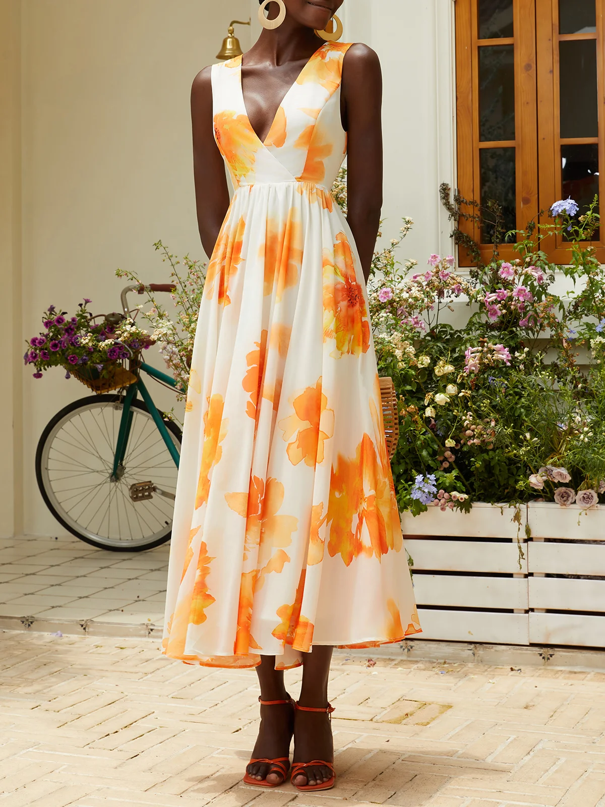Yellow Floral Chiffon V Neck Sleeveless A-Line Maxi Dress