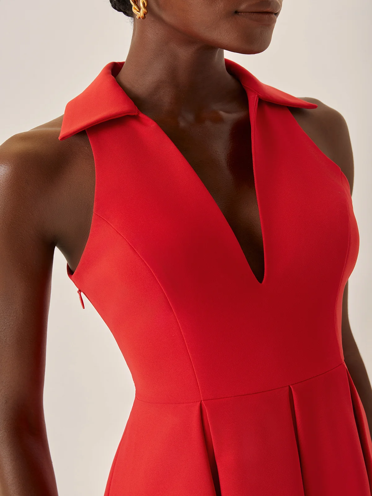 Red Classic Shirt Collar Sleeveless A-Line Midi Dress