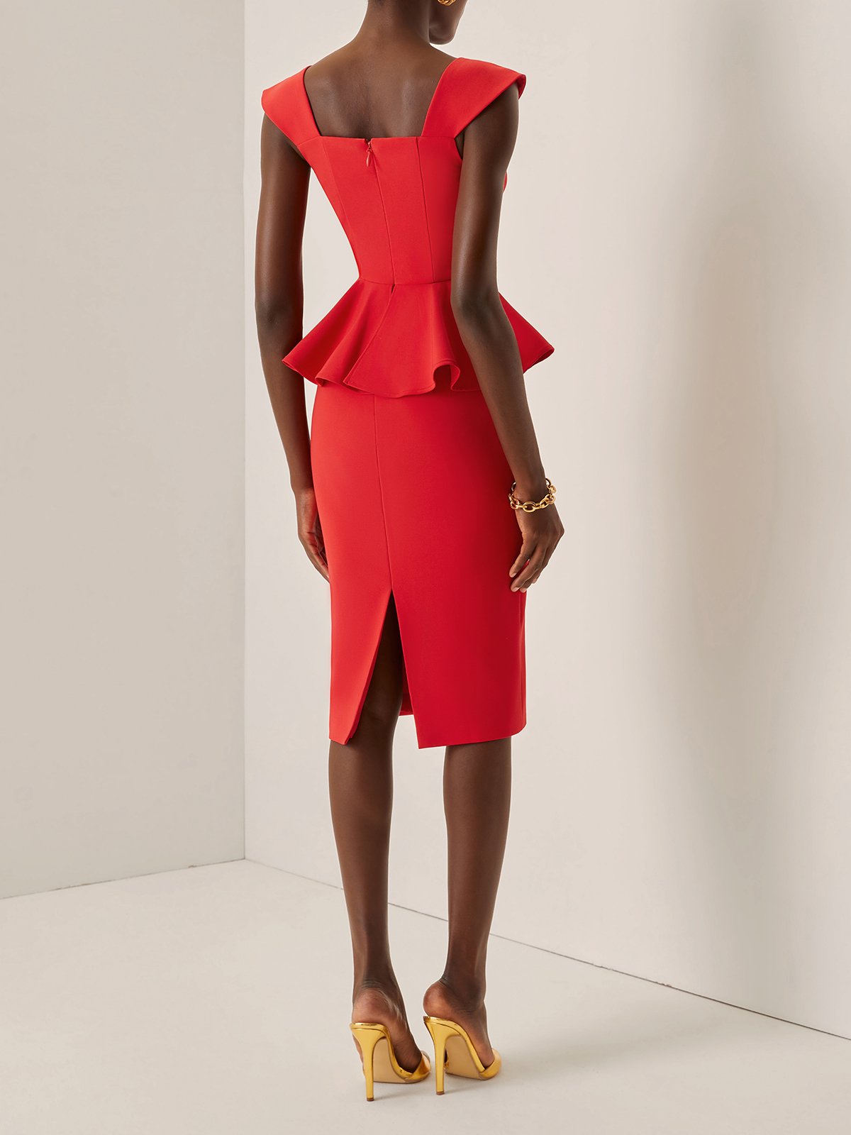 Red Peplum Sweetheart Neckline Sleeveless Sheath Midi Dress