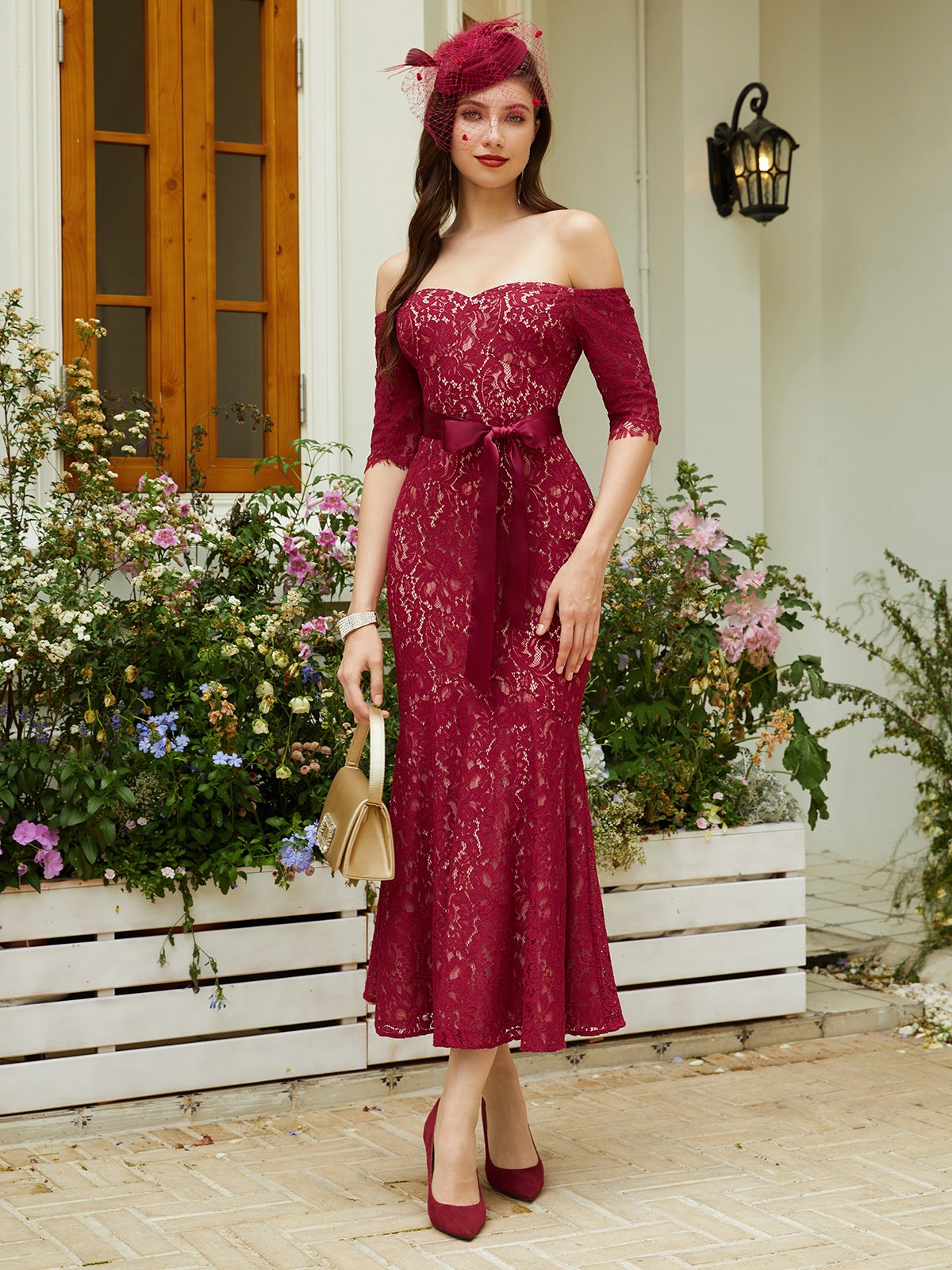 Wine Red Lace Off The Shoulder Half Sleeve Mermaid Maxi Dress