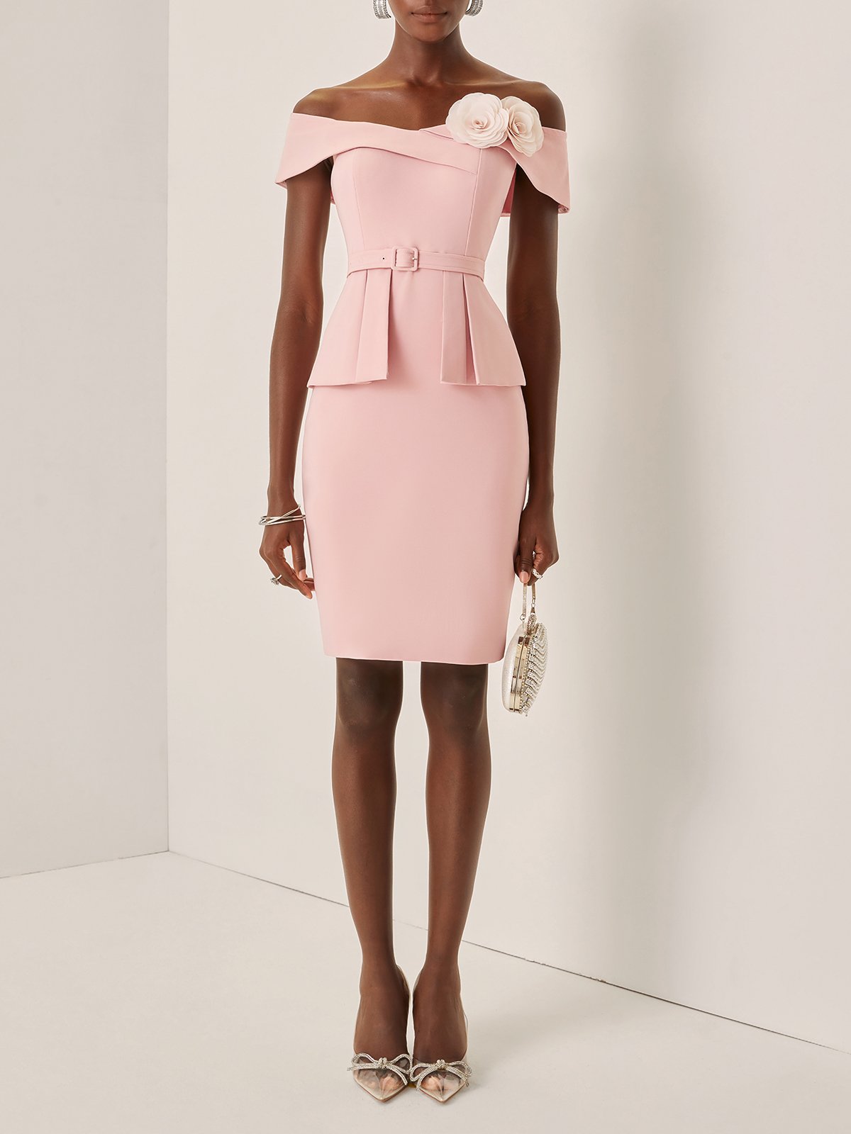 Pink 3D Floral Peplum V Neck Short Sleeve Sheath Midi Dress