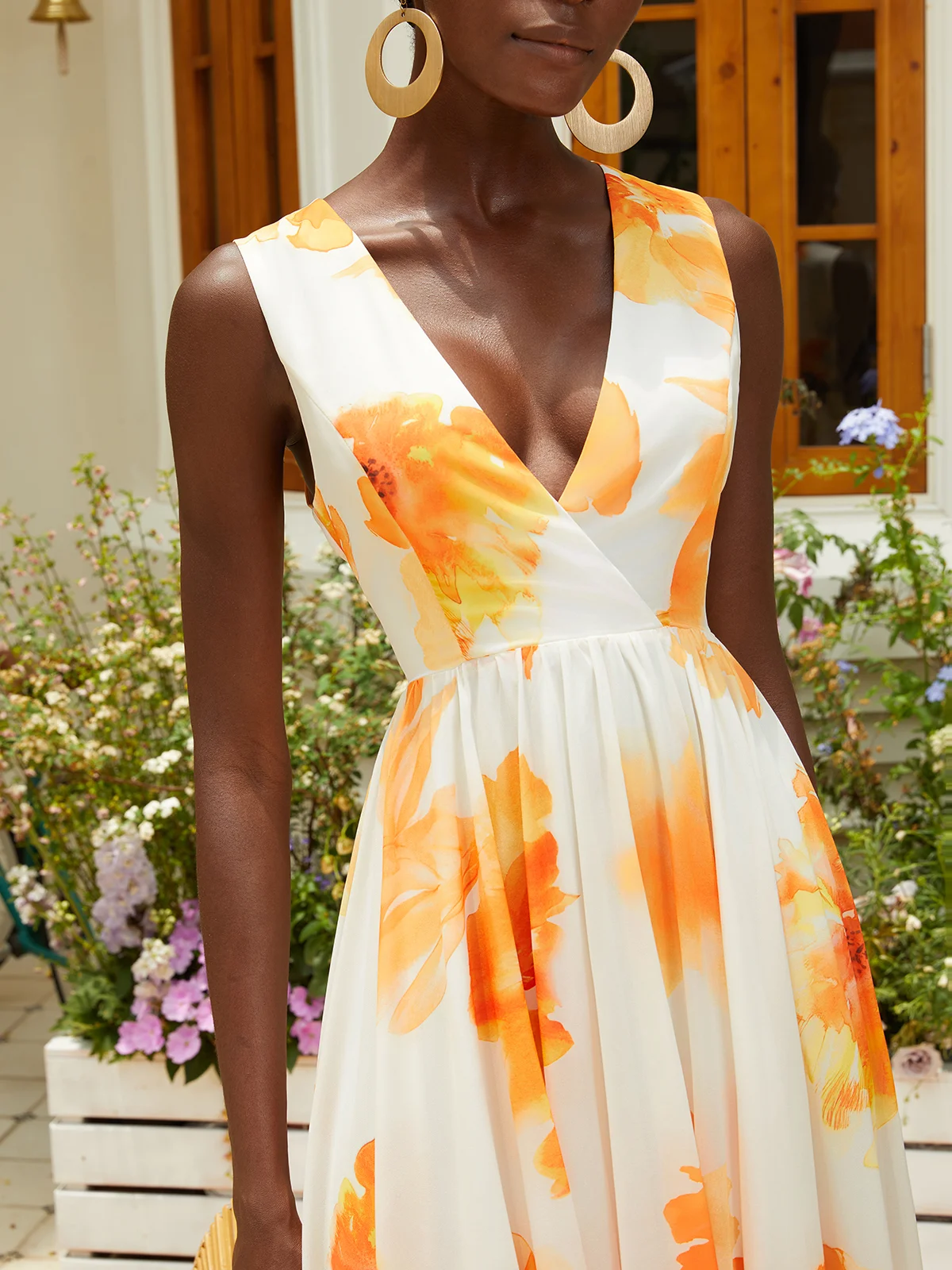Yellow Floral Chiffon V Neck Sleeveless A-Line Maxi Dress