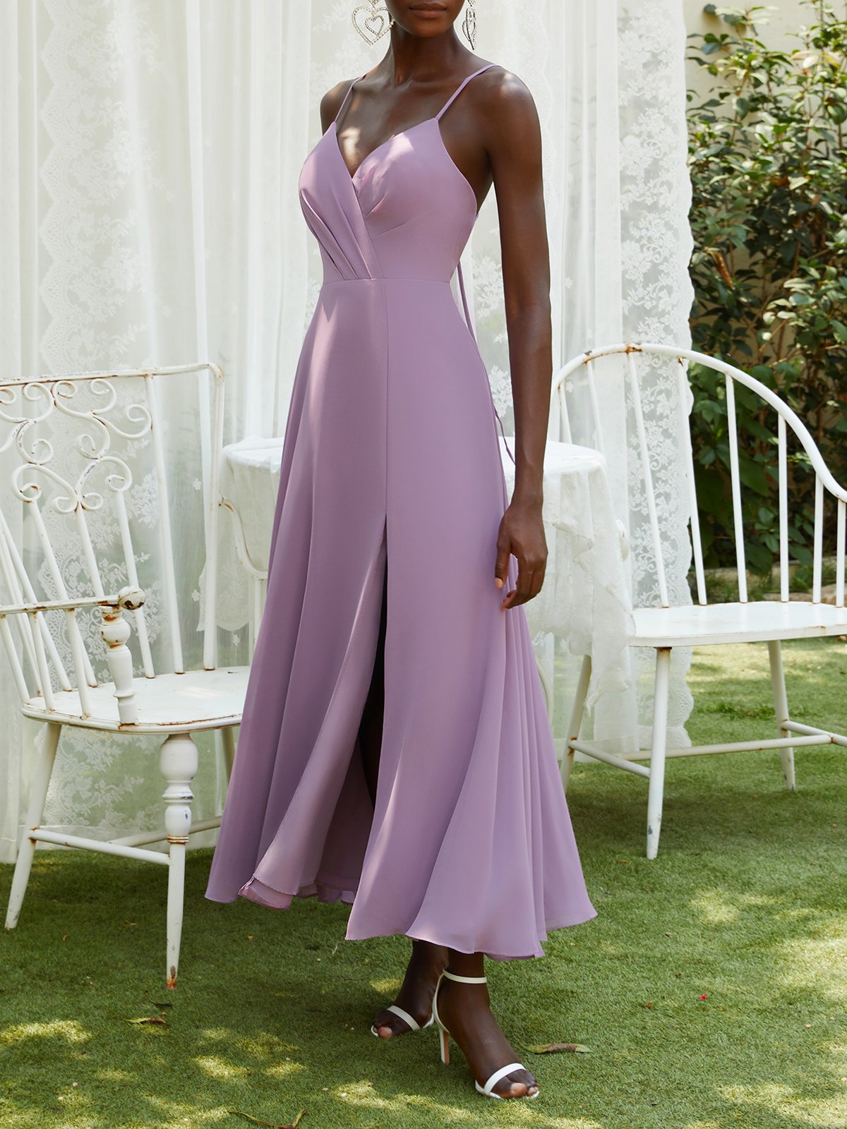 Light Purple Chiffon Spaghetti Gallus A-Line Maxi Dress