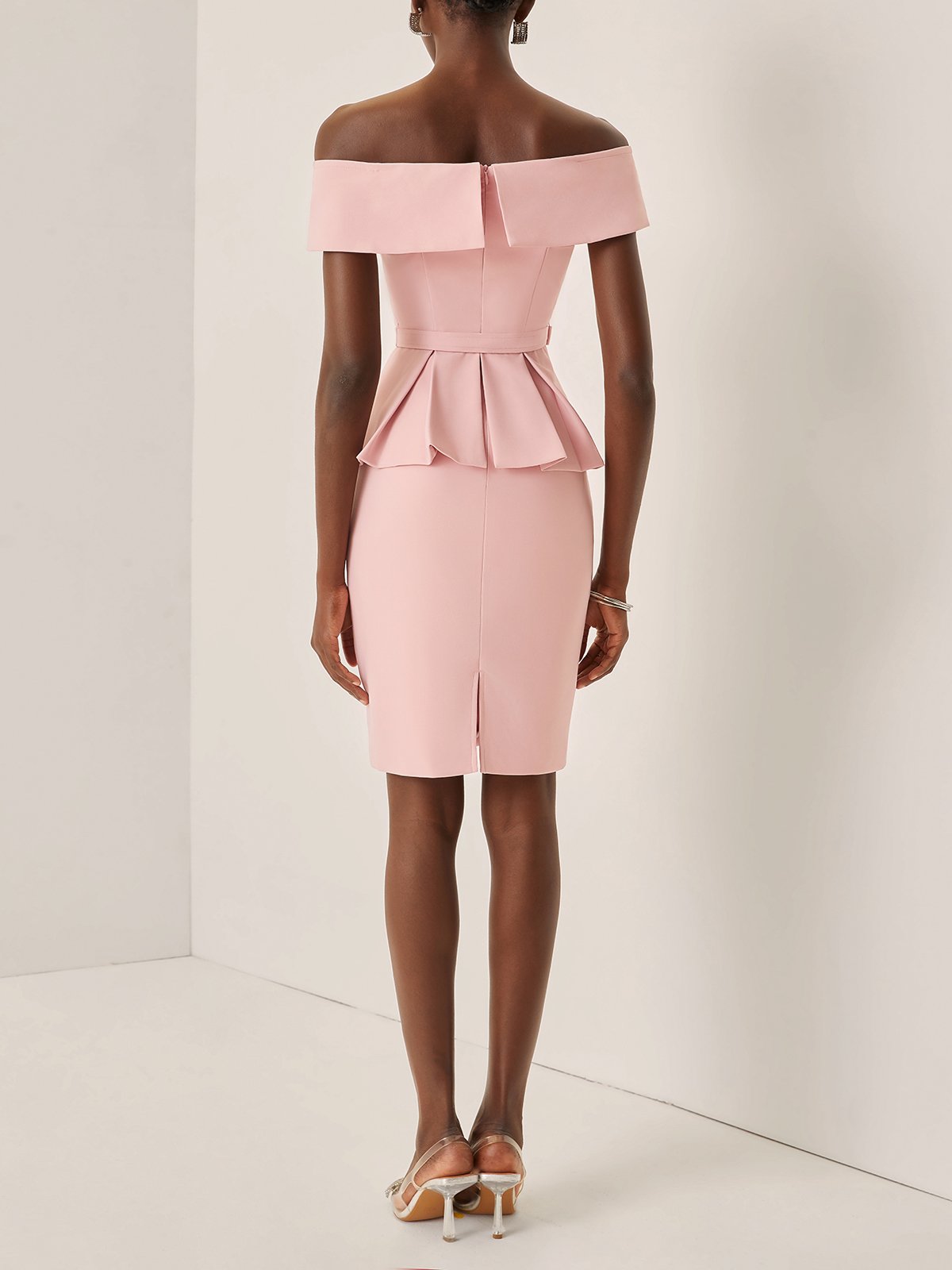 Pink 3D Floral Peplum V Neck Short Sleeve Sheath Midi Dress
