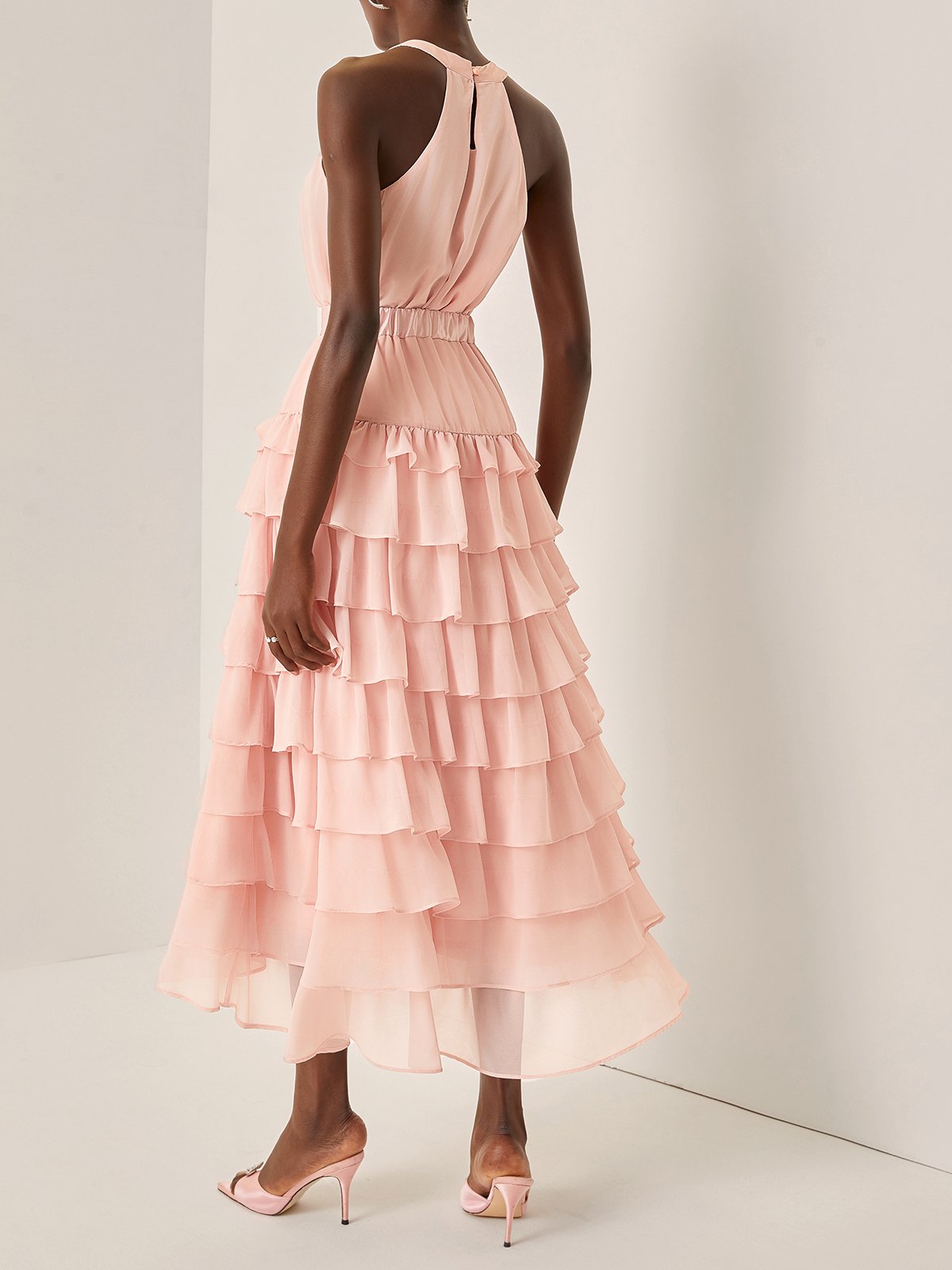 Pink Peplum Chiffon Halter Sleeveless A-Line Maxi Dress