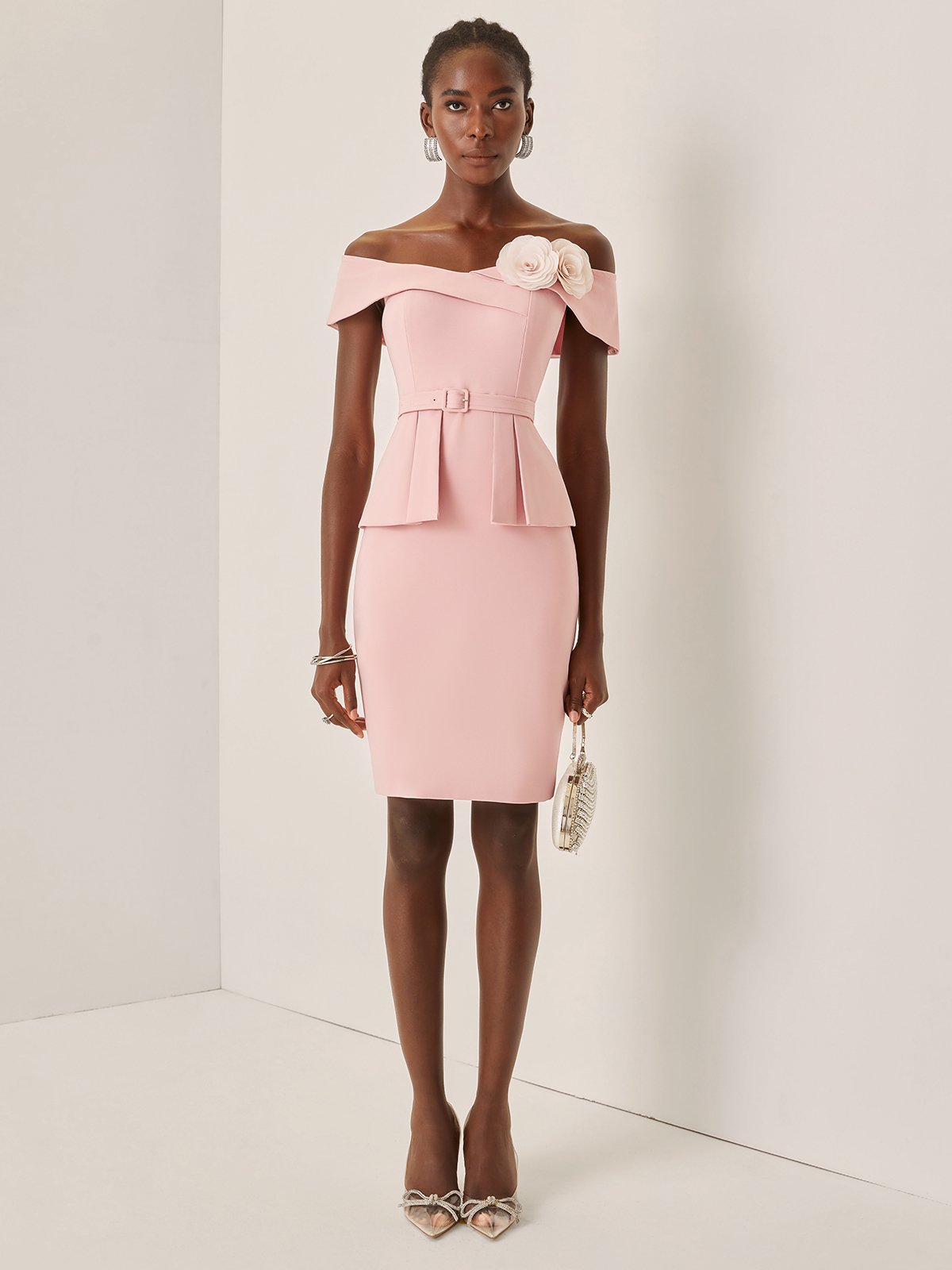 Pink 3D Floral Peplum V Neck Short Sleeve Sheath Midi Dress