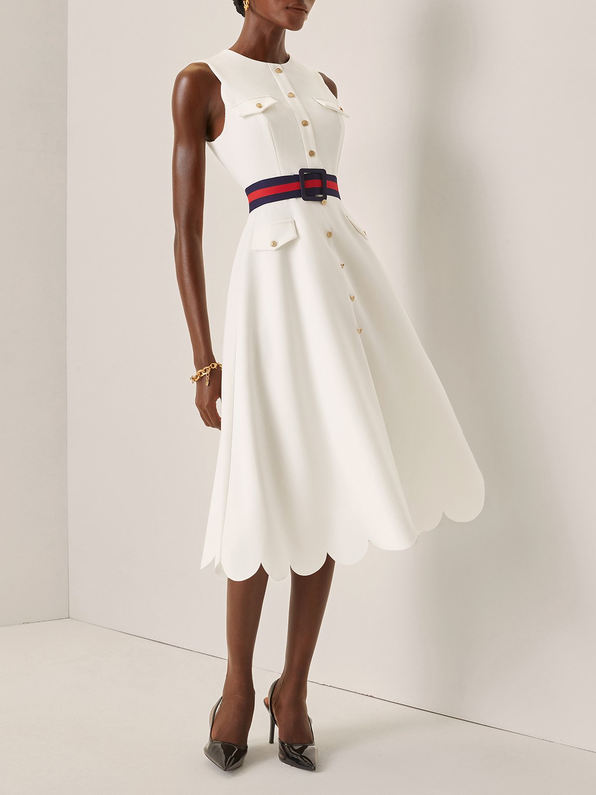 White Buckle Classic Crew Neck Sleeveless A-Line Midi Dress