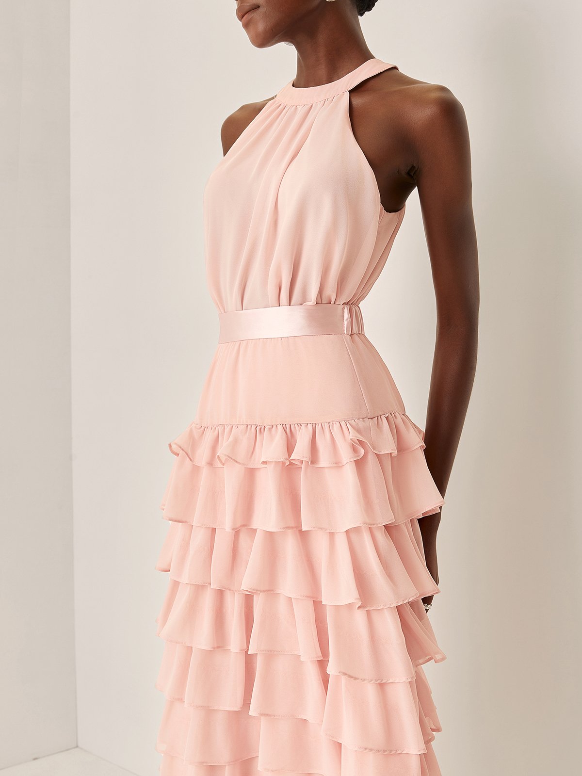Pink Peplum Chiffon Halter Sleeveless A-Line Maxi Dress