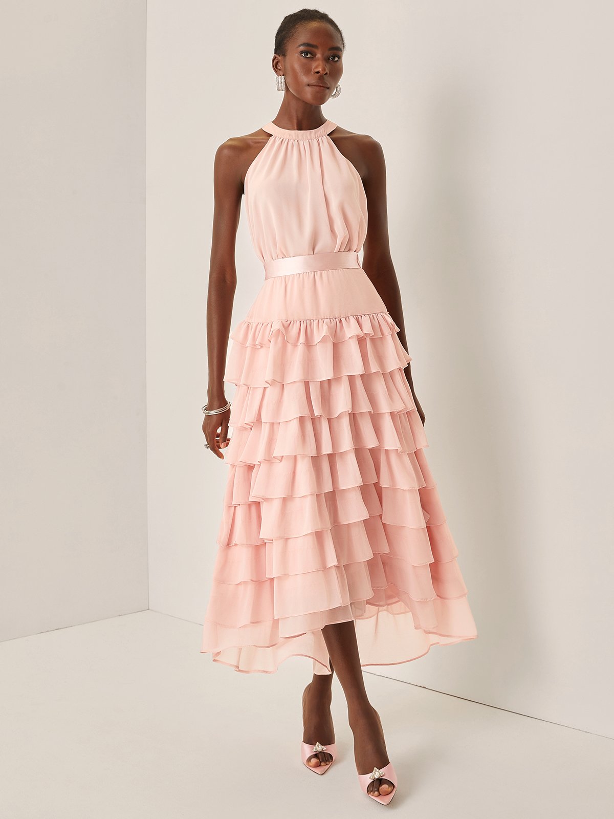 Pink Peplum Chiffon Halter Sleeveless A-Line Maxi Dress