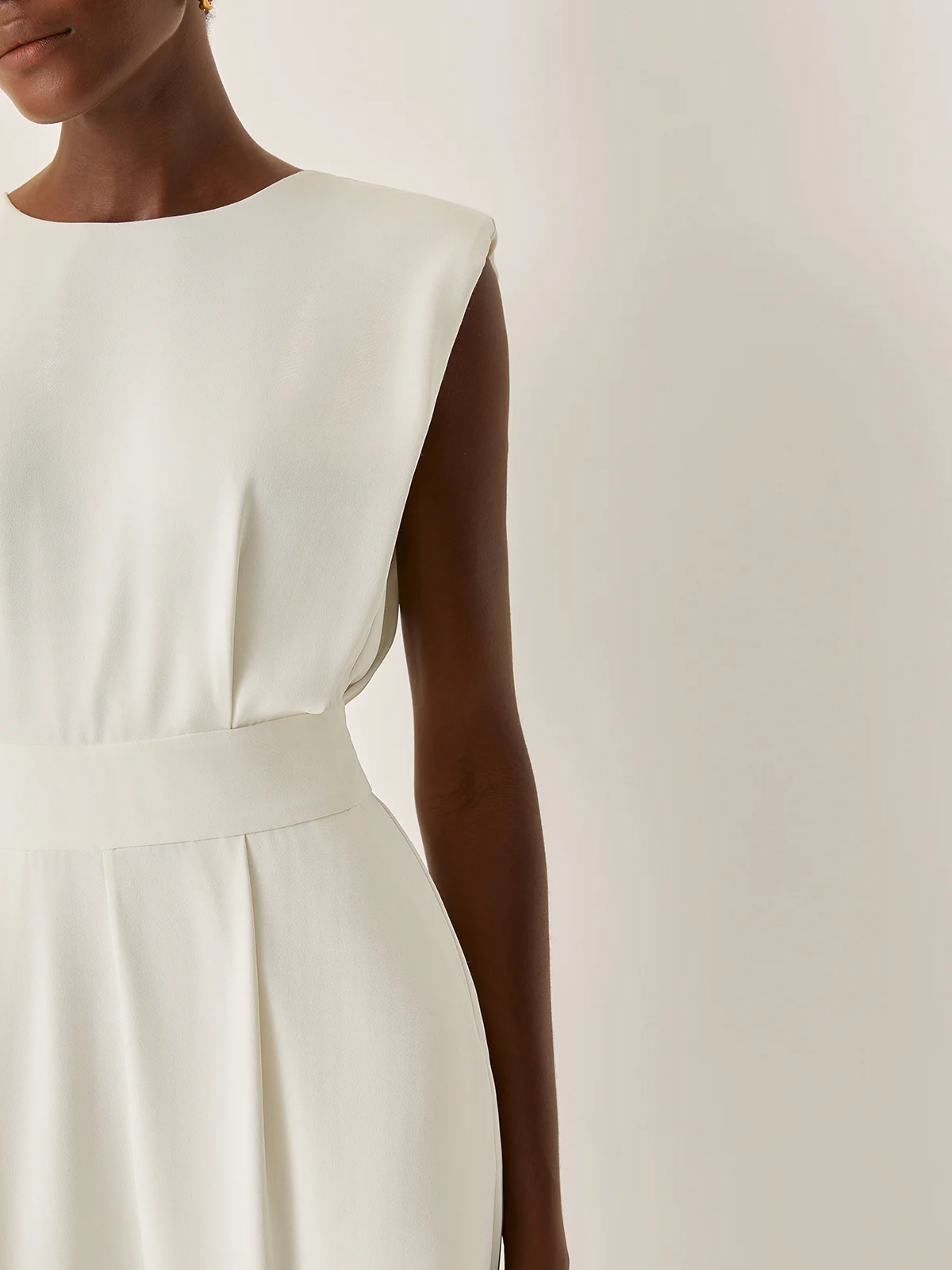 Off White Crew Neck Plain Ruched Urban Jumpsuit