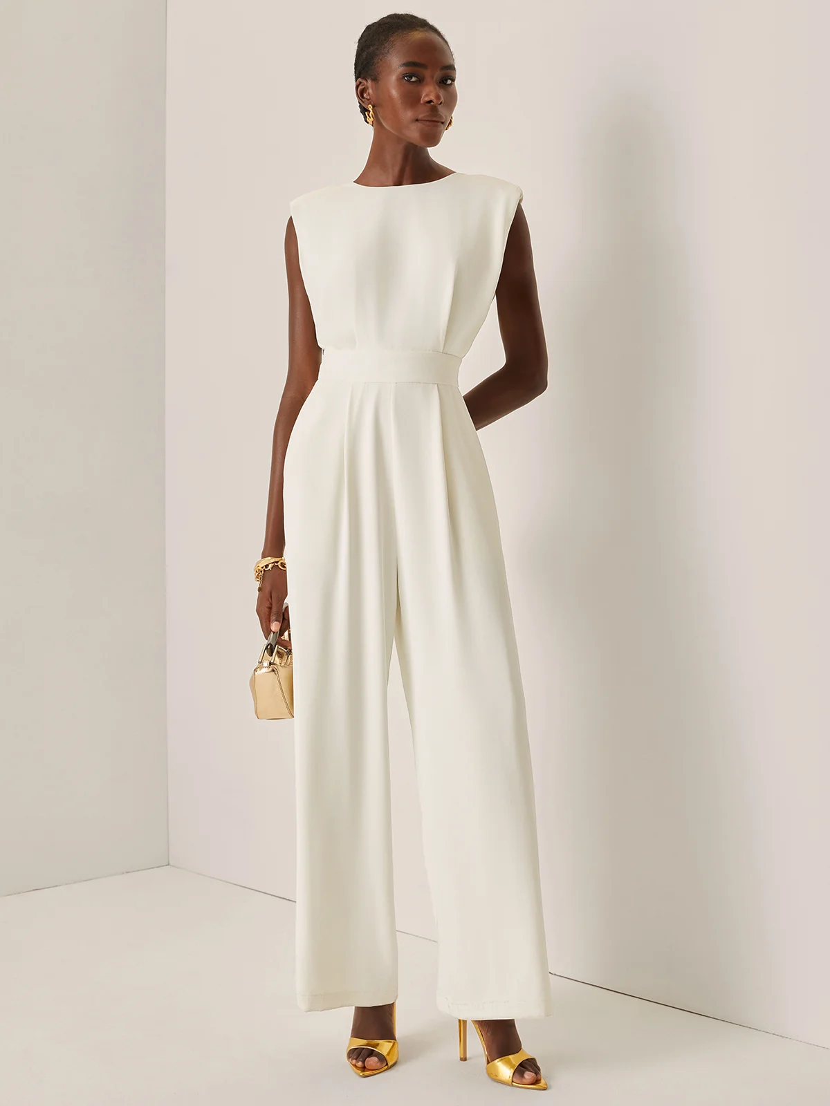 Off White Crew Neck Plain Ruched Urban Jumpsuit