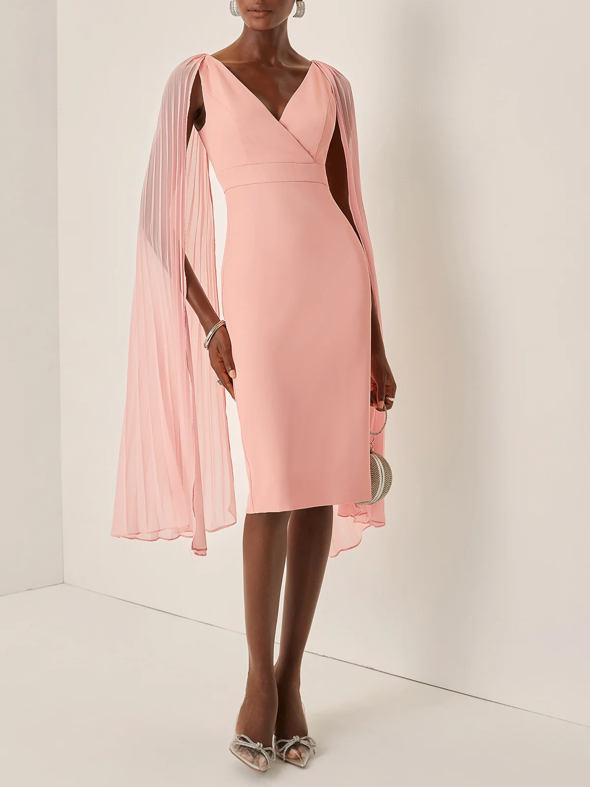 Light Pink Pleated Classic V Neck Sleeveless Sheath Midi Dress