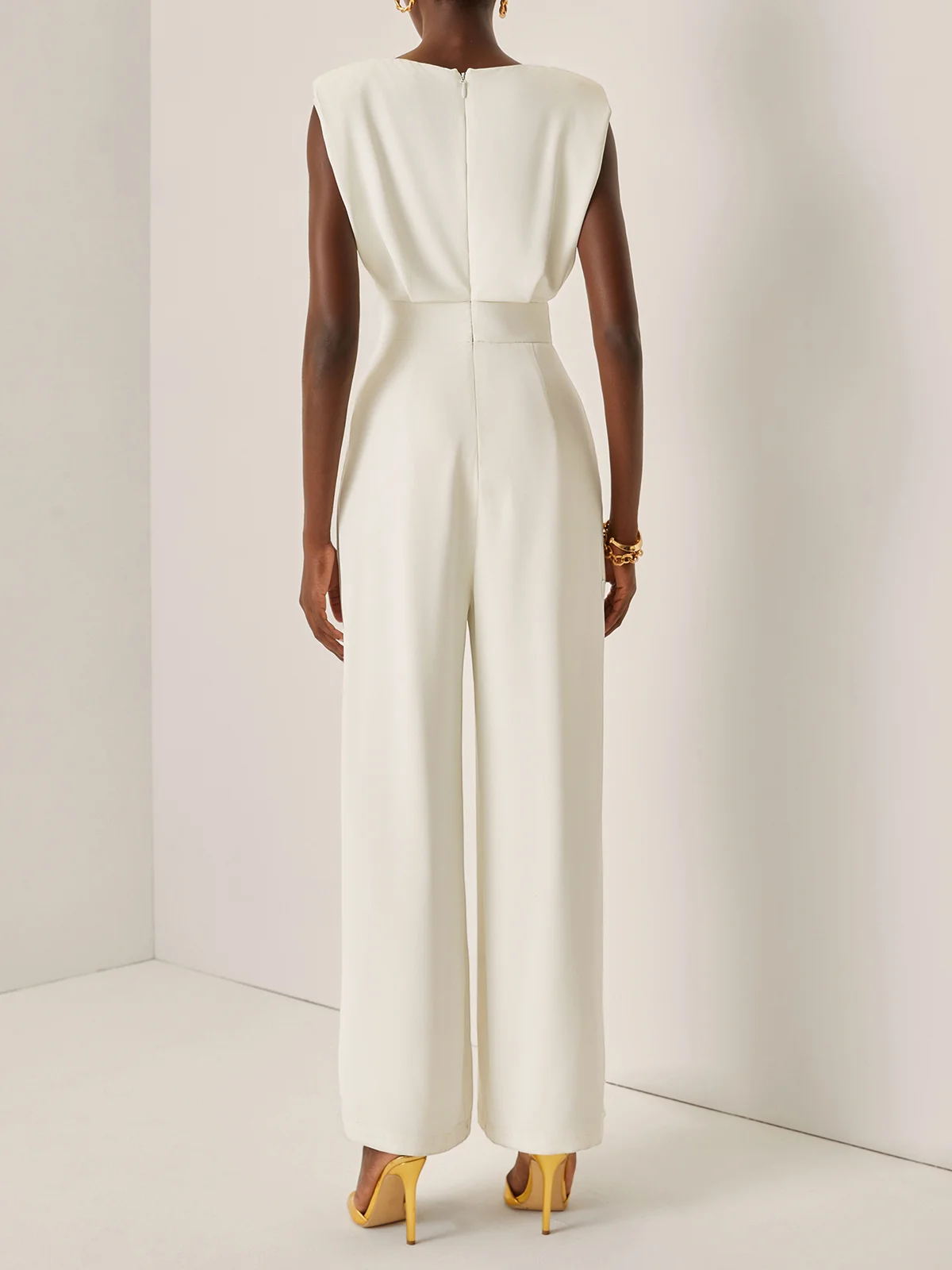 Off White Crew Neck Plain Ruched Urban Jumpsuit