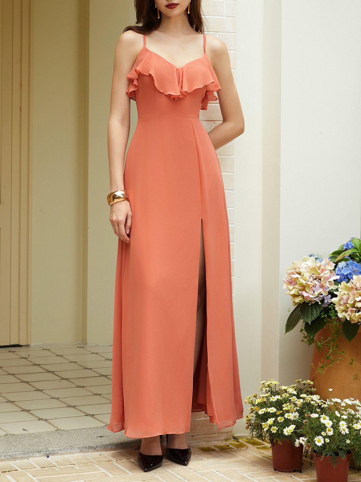 Orange Red Ruffled Chiffon Spaghetti Sleeveless A-Line Maxi Dress