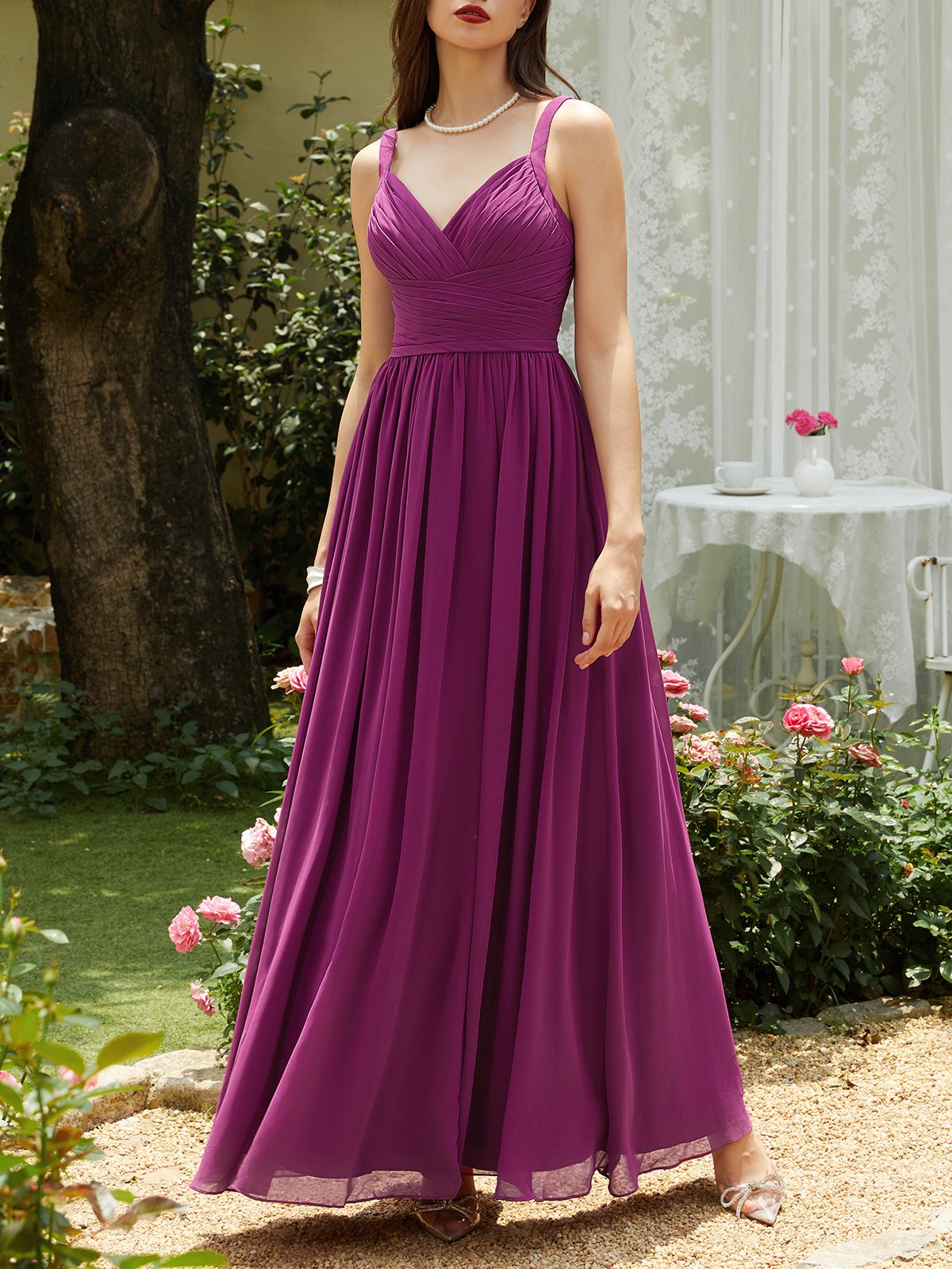 Purple Red Pleated Chiffon Spaghetti Gallus A-Line Maxi Dress