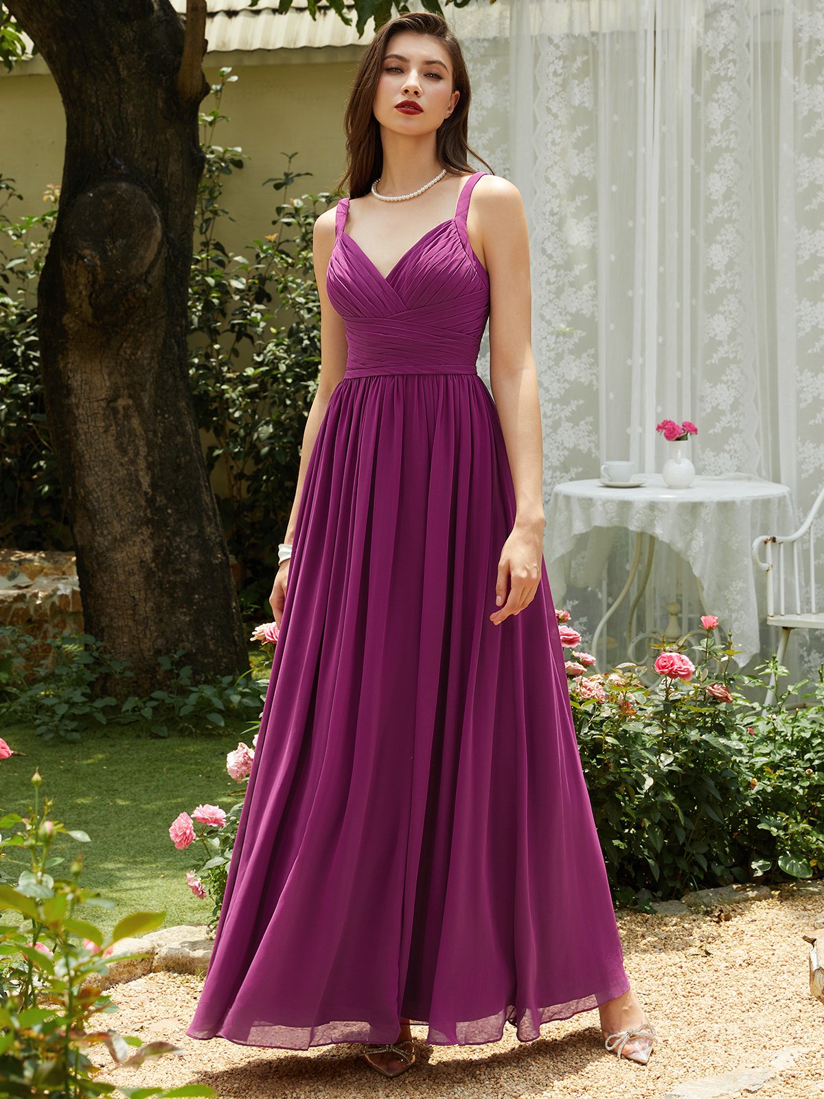 Purple Red Pleated Chiffon Spaghetti Gallus A-Line Maxi Dress