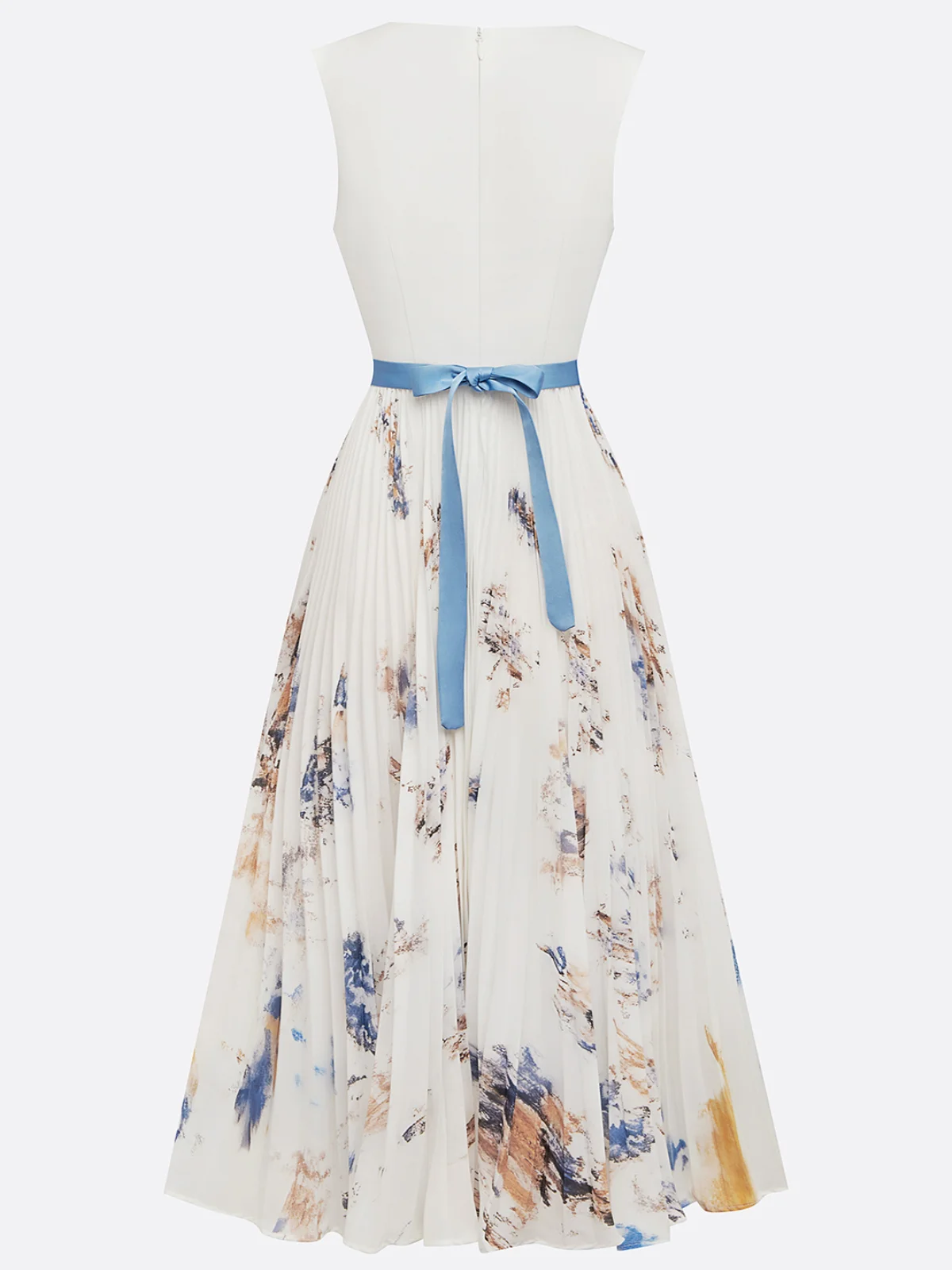 White Pleated Floral Chiffon V Neck Sleeveless A-Line Maxi Dress