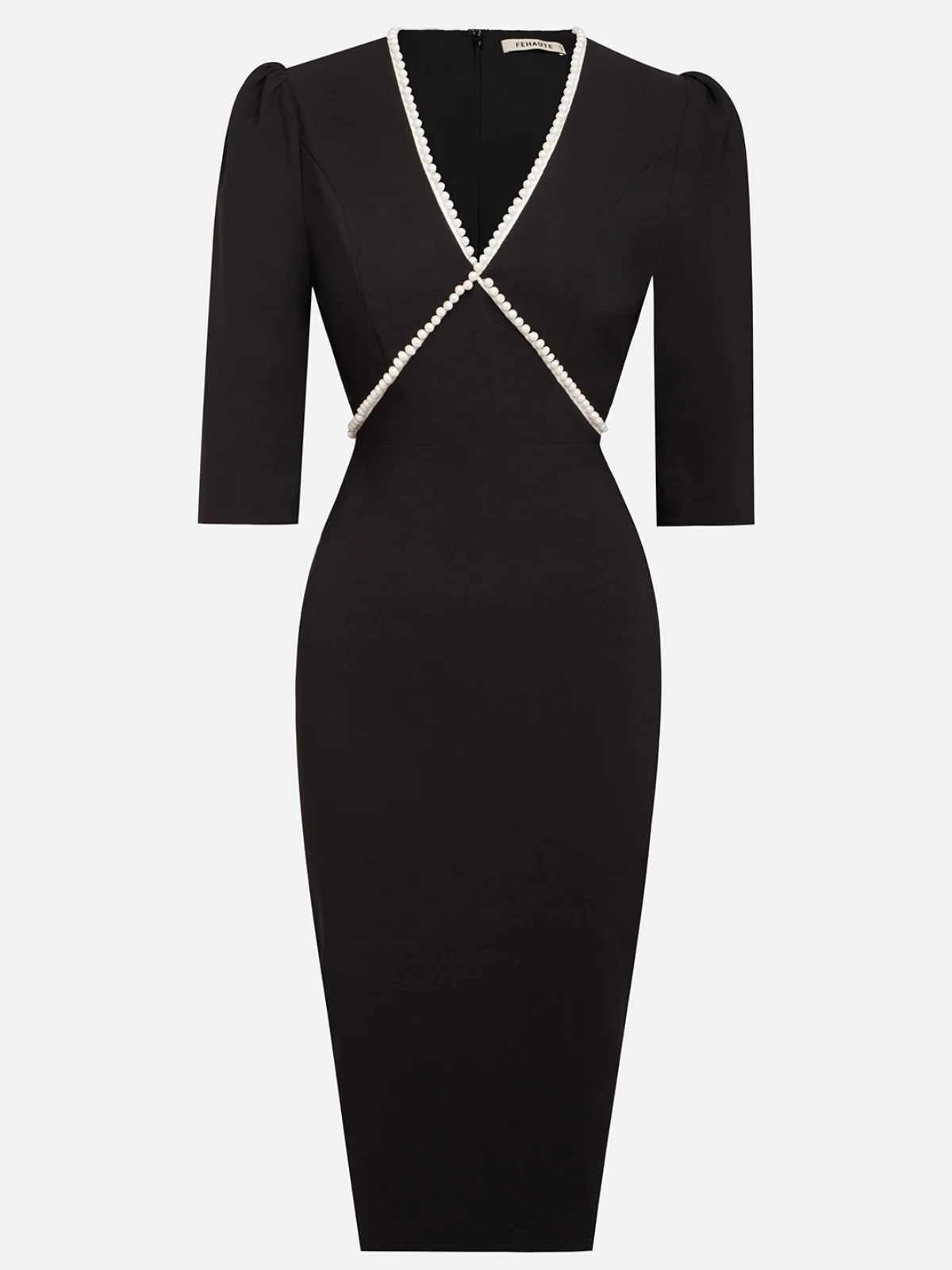 Black Imitation Pearls V Neck Sheath Midi Dress