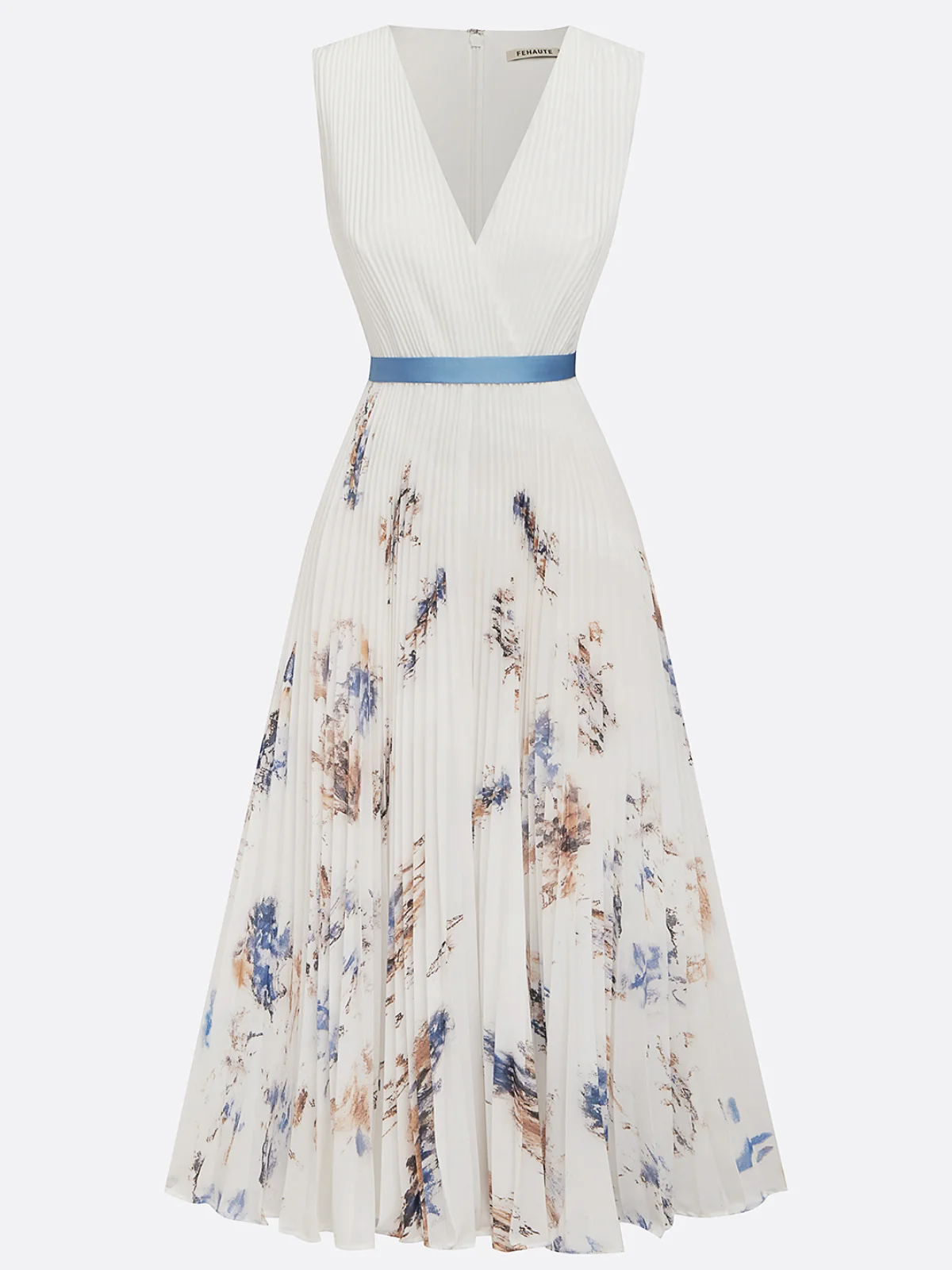 White Pleated Floral Chiffon V Neck Sleeveless A-Line Maxi Dress