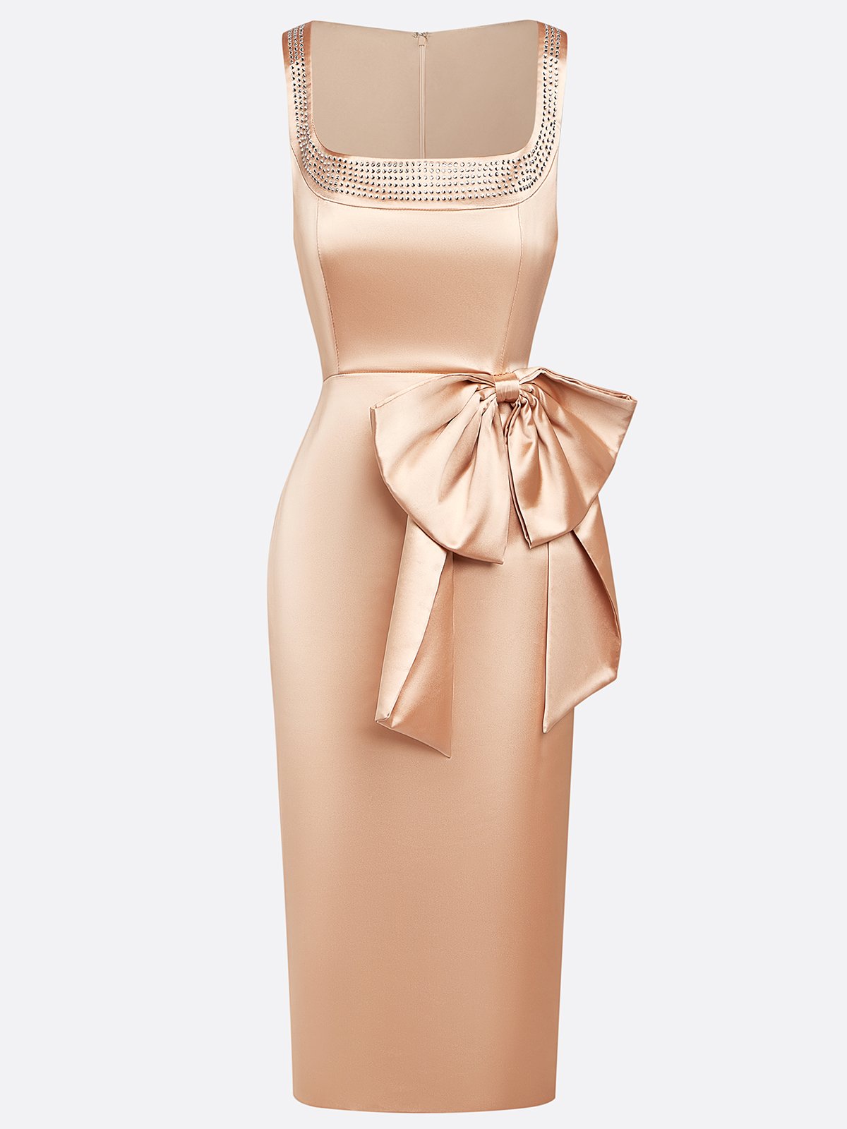 Champagne Hotfix Embellished Bow Classic Crew Neck Sleeveless Sheath Midi Dress