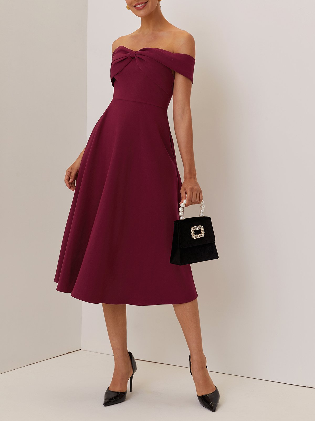 Wine Red Cross Classic Off The Shoulder Short Sleeve A-Line Midi Dress