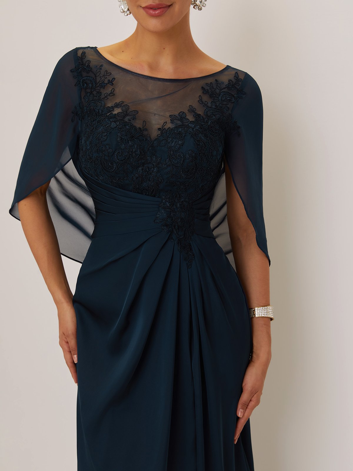 Purplish blue Lace Chiffon Boat Neck Short Sleeve A-Line Maxi Mother of the Bride or Groom Dress