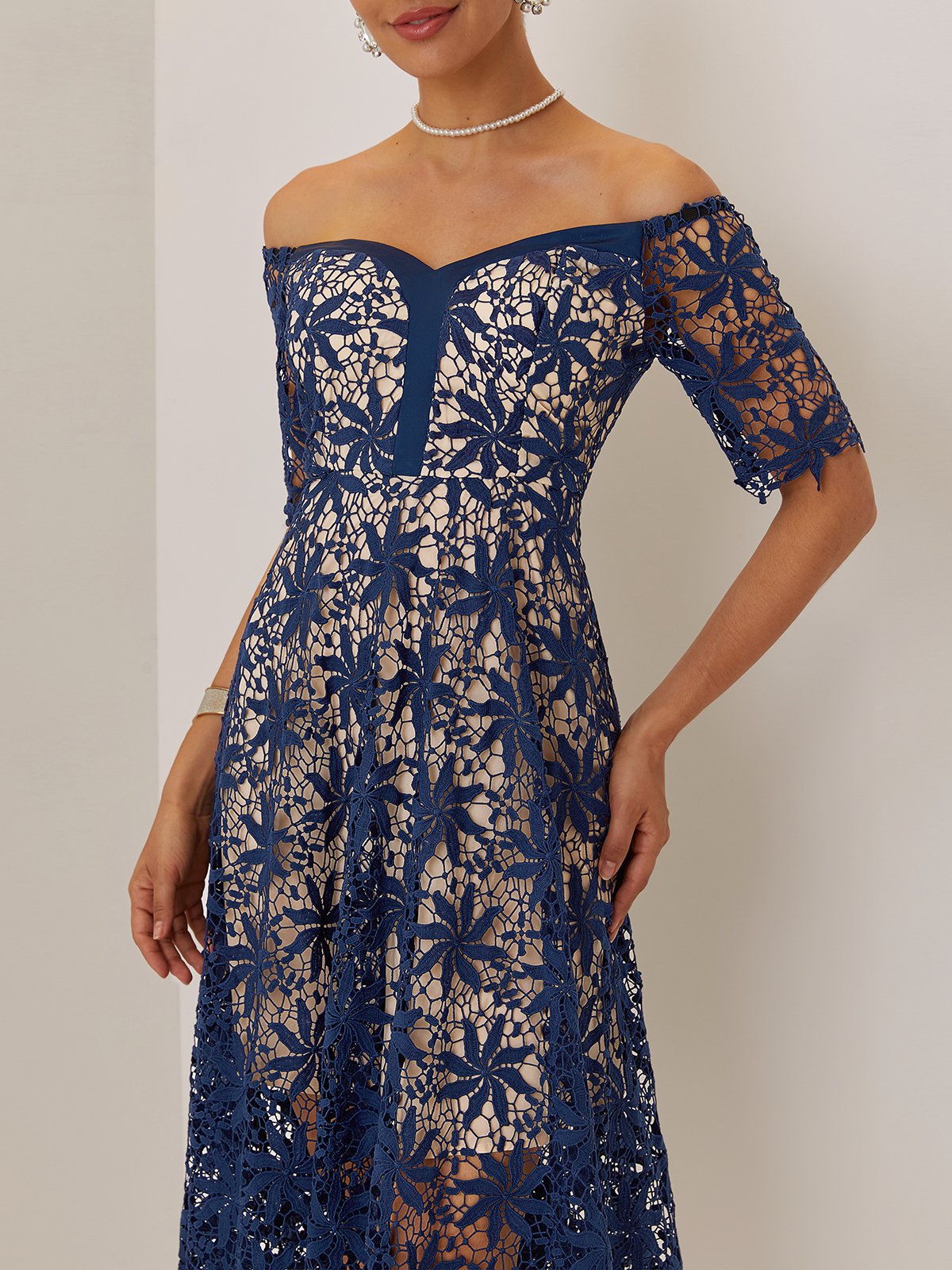 Purplish blue Lace Lace Off The Shoulder Short Sleeve A-Line Midi Dress