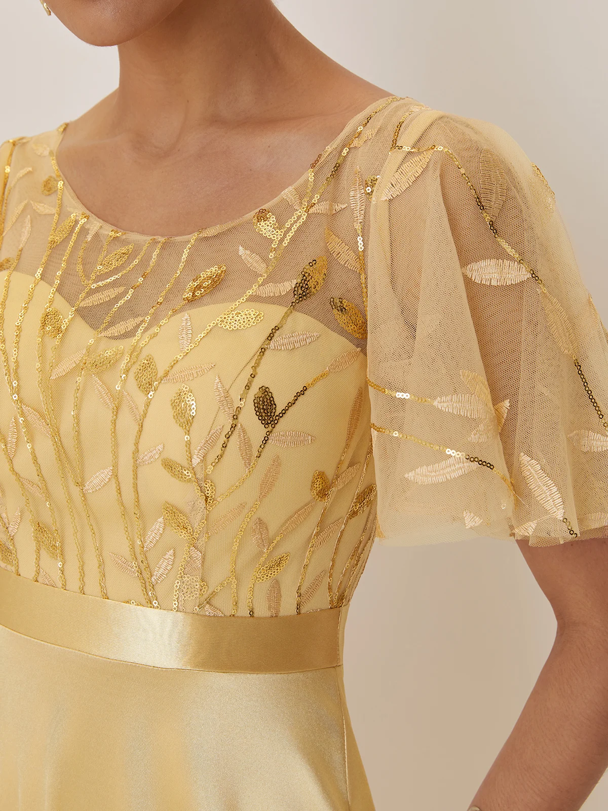Golden Sequin Satin Crew Neck Short Sleeve Bell Sleeve A-Line Gown Mother of the Bride or Groom Dress