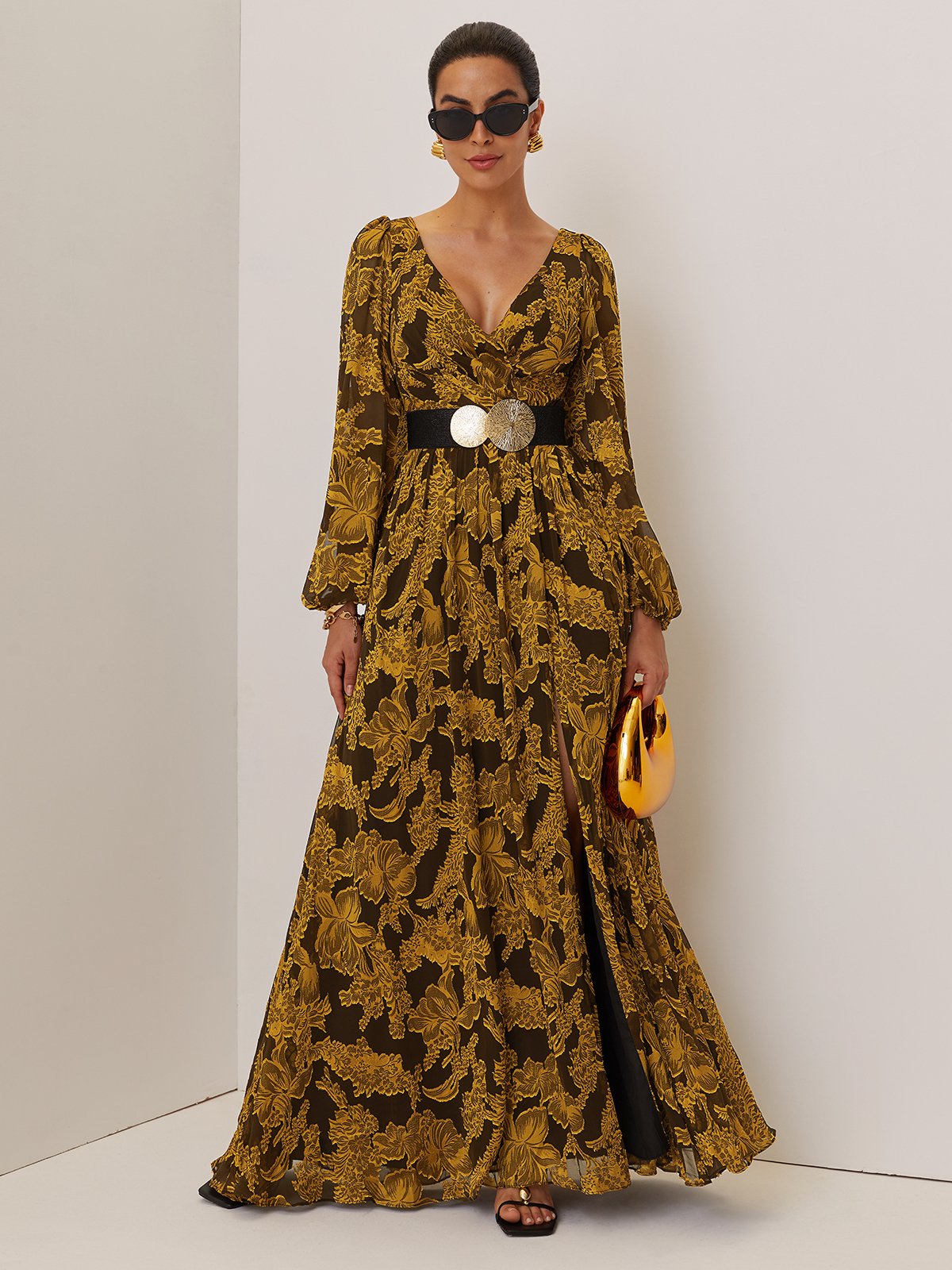 Golden Slit Floral Chiffon V Neck Long Sleeve Balloon Sleeve A-Line Gown Dress