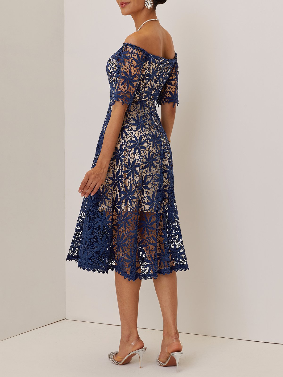 Purplish blue Lace Lace Off The Shoulder Short Sleeve A-Line Midi Dress
