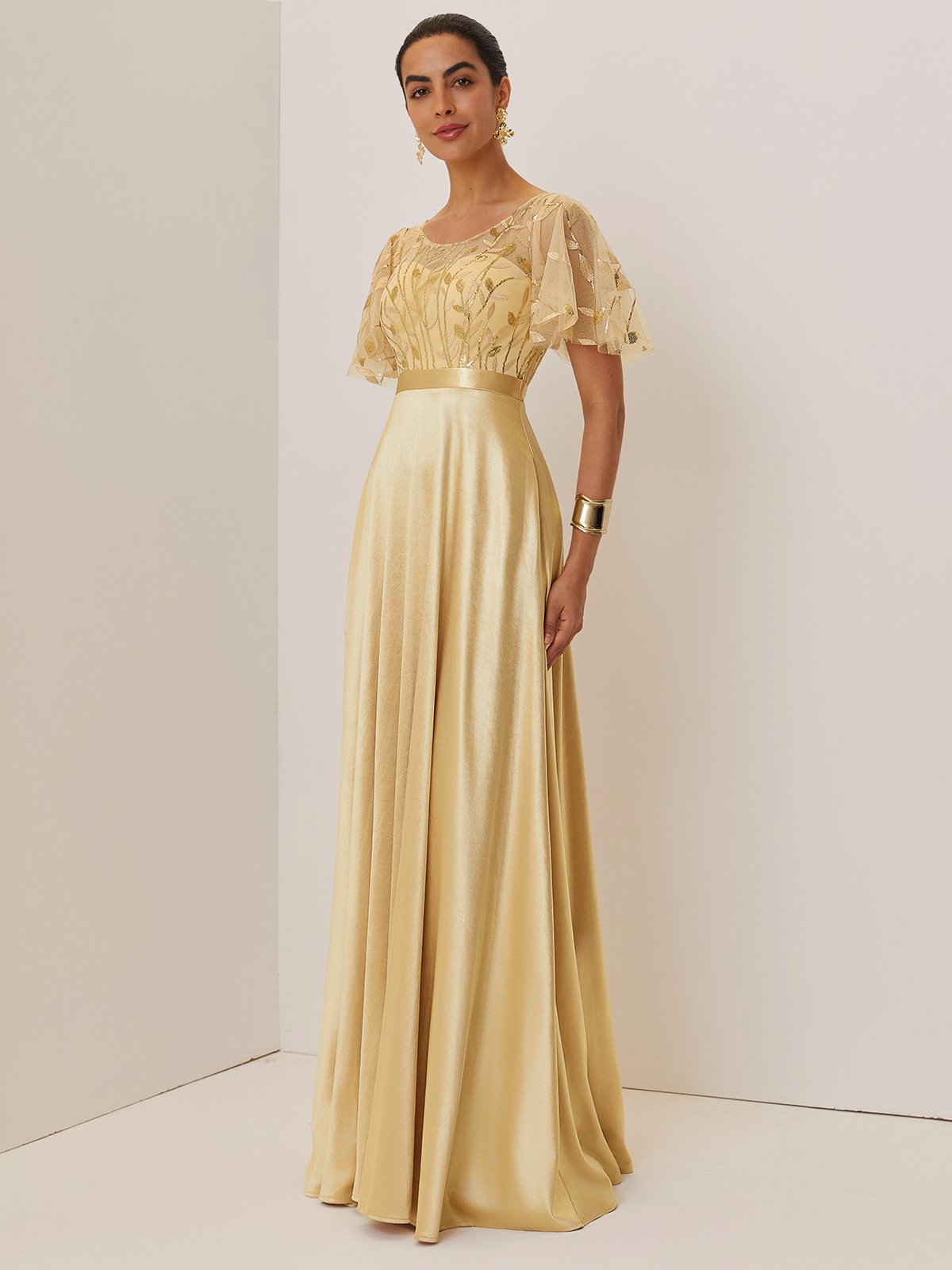 Golden Sequin Satin Crew Neck Short Sleeve Bell Sleeve A-Line Gown Mother of the Bride or Groom Dress