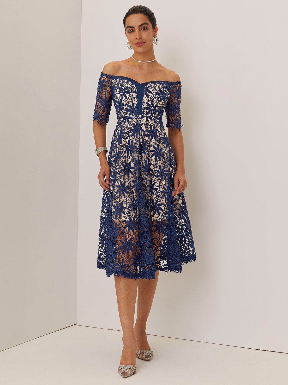 Purplish blue Lace Lace Off The Shoulder Short Sleeve A-Line Midi Dress