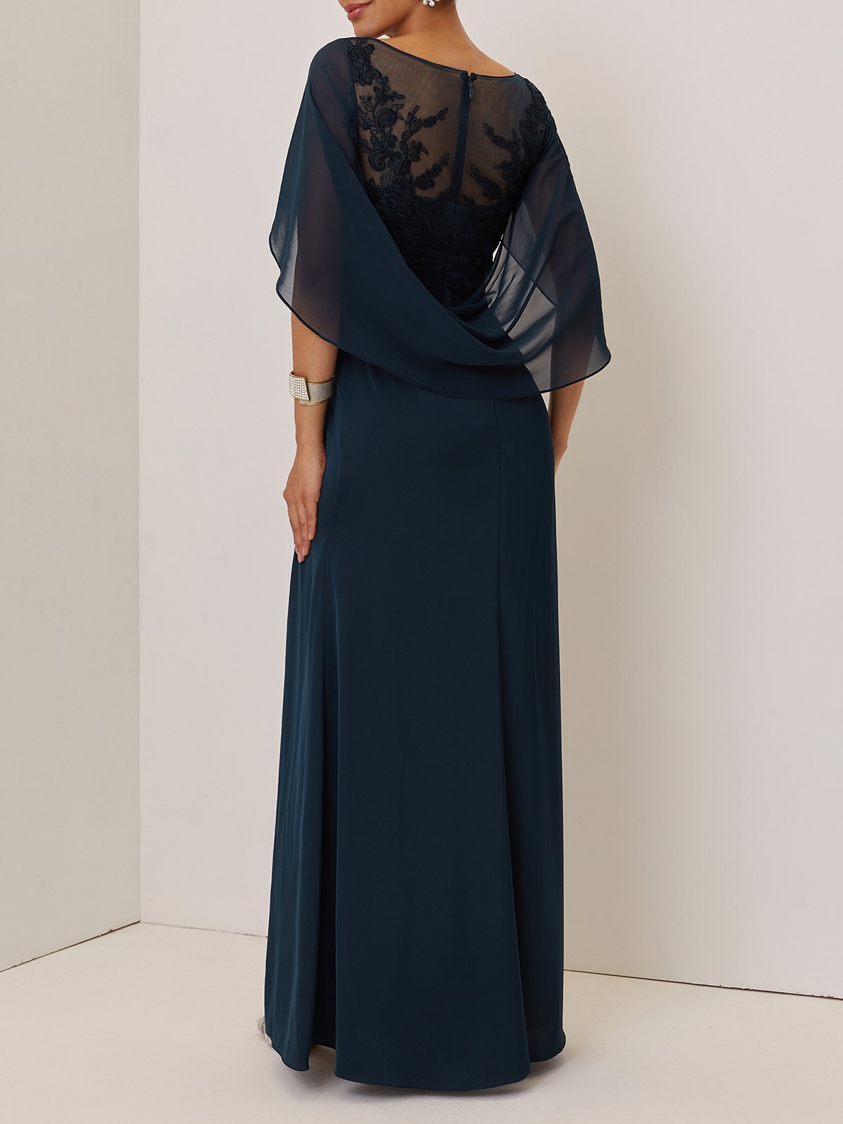Purplish blue Lace Chiffon Boat Neck Short Sleeve A-Line Maxi Mother of the Bride or Groom Dress