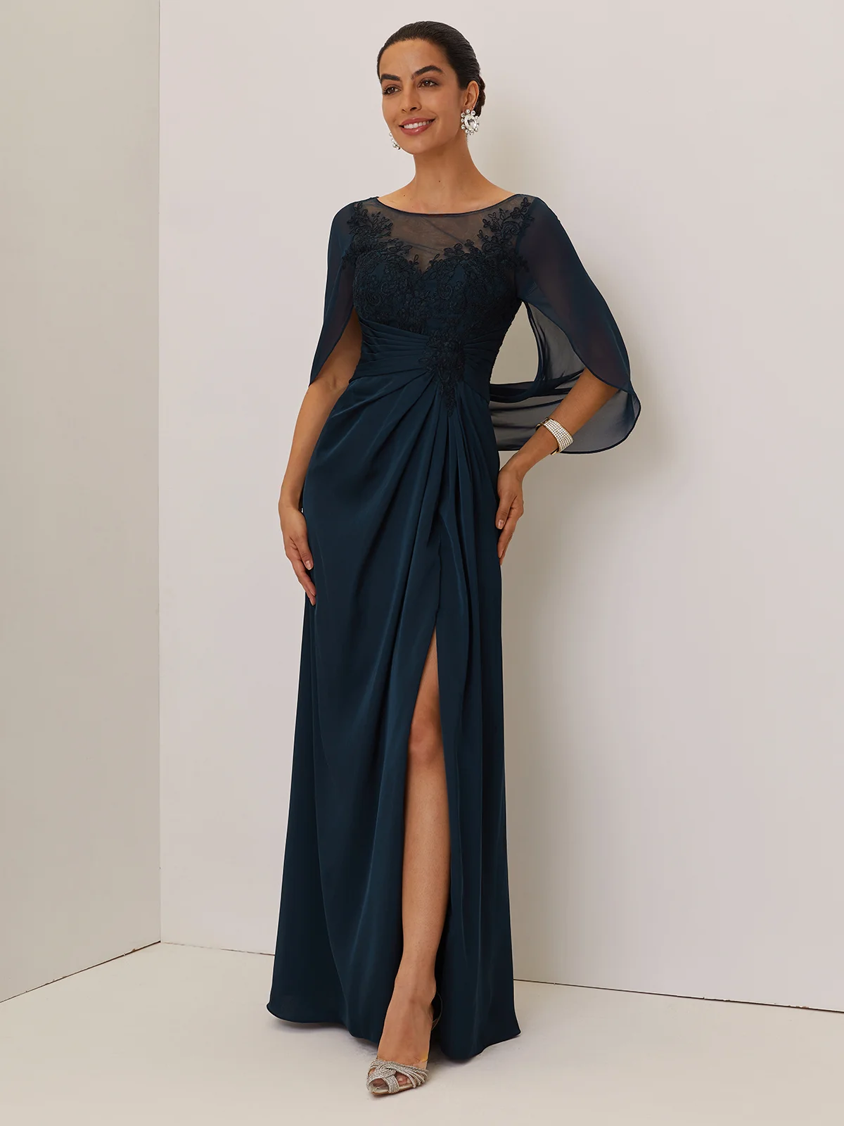 Purplish blue Lace Chiffon Boat Neck Short Sleeve A-Line Maxi Mother of the Bride or Groom Dress