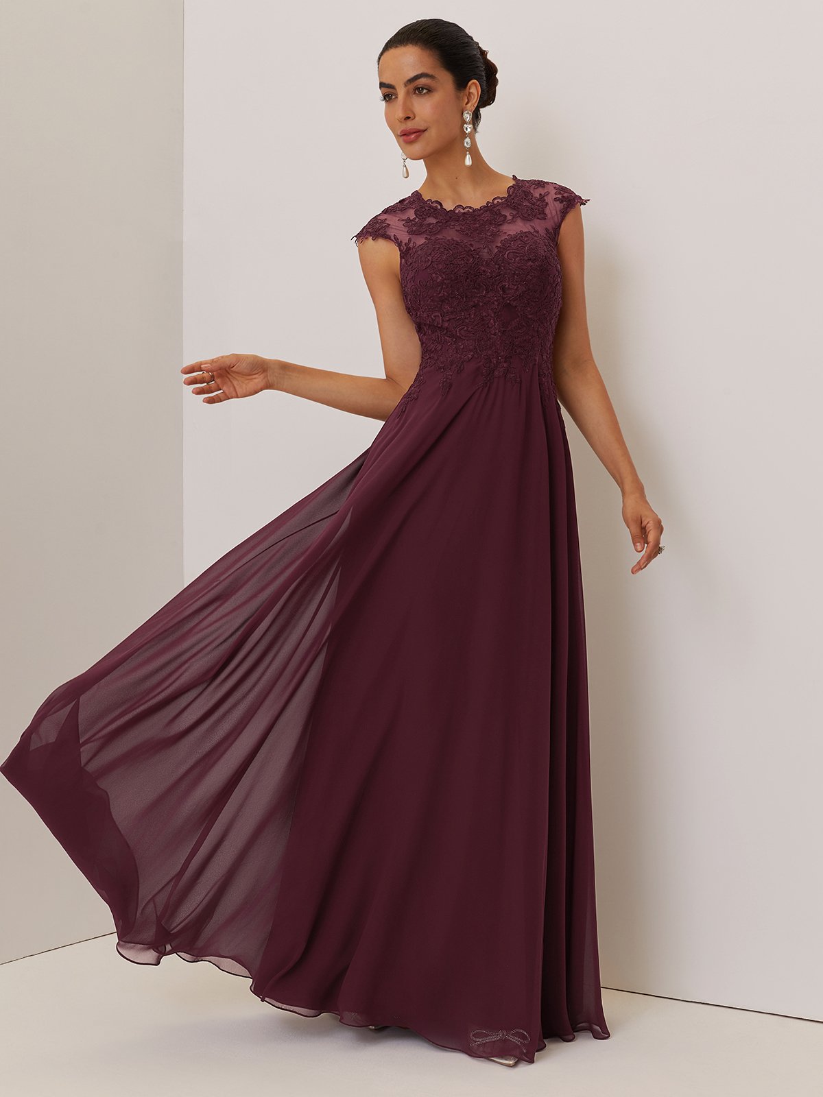 Wine Red Lace Chiffon Crew Neck Cap Sleeve A-Line Maxi Mother of the Bride or Groom Dress