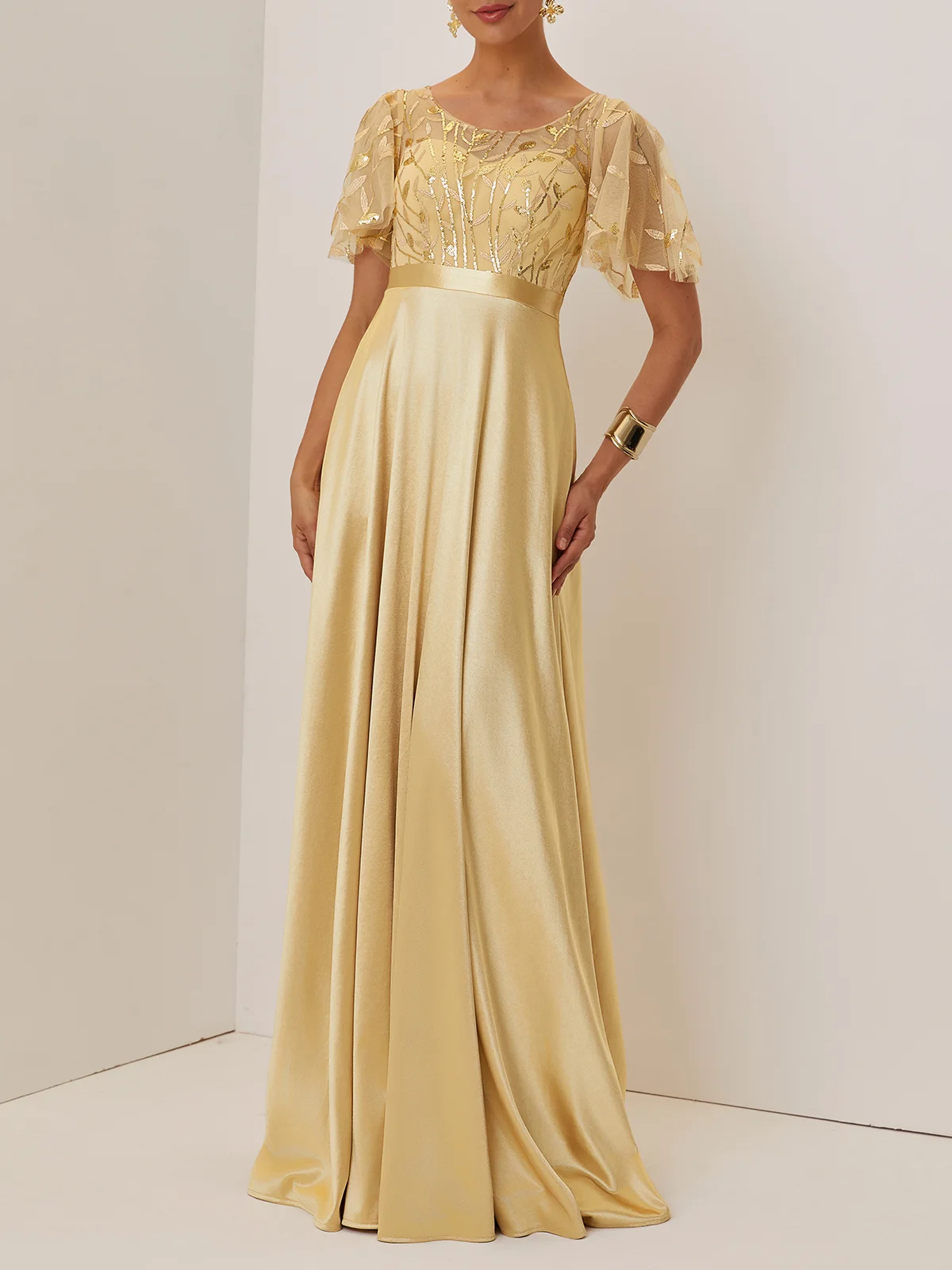 Golden Sequin Satin Crew Neck Short Sleeve Bell Sleeve A-Line Gown Mother of the Bride or Groom Dress