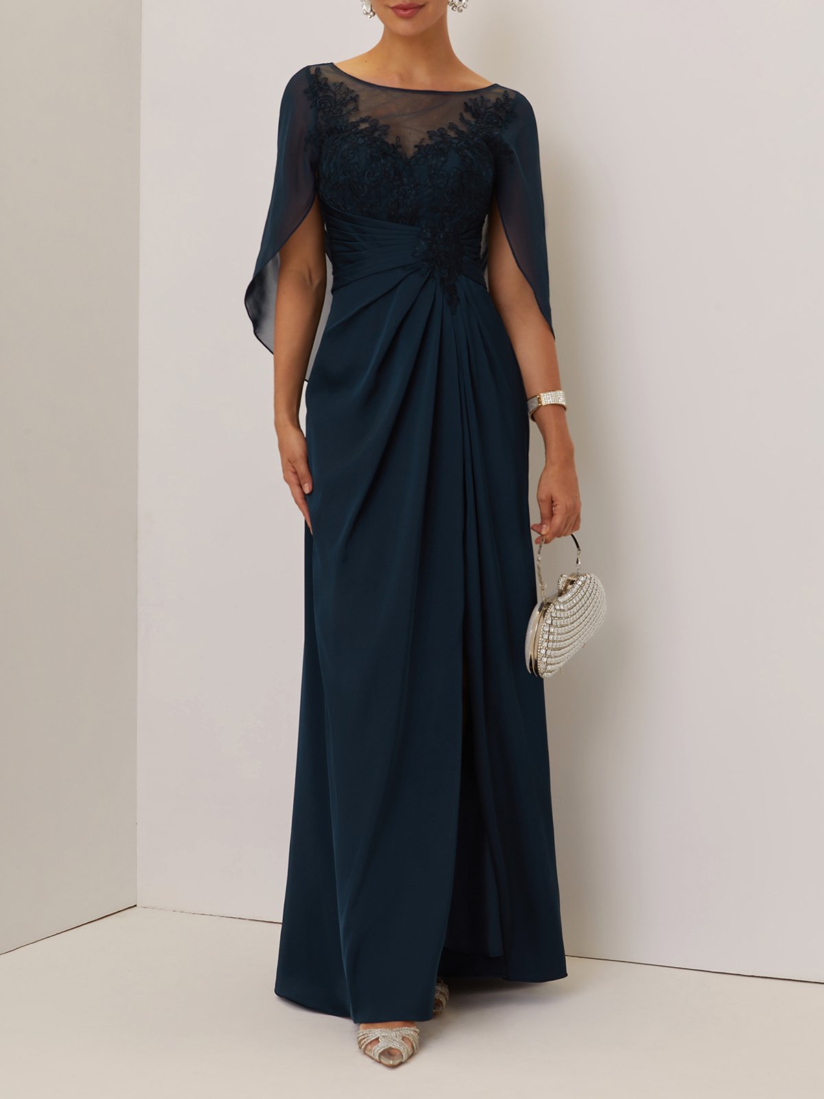 Purplish blue Lace Chiffon Boat Neck Short Sleeve A-Line Maxi Mother of the Bride or Groom Dress