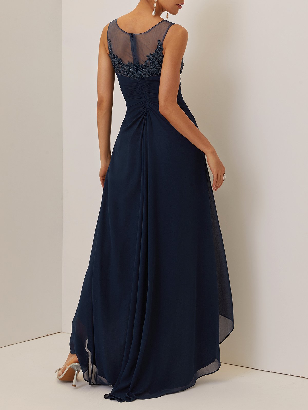 Purplish blue Sequin Lace Chiffon Dress V Neck Sleeveless A-Line Maxi Mother of the Bride or Groom Dress